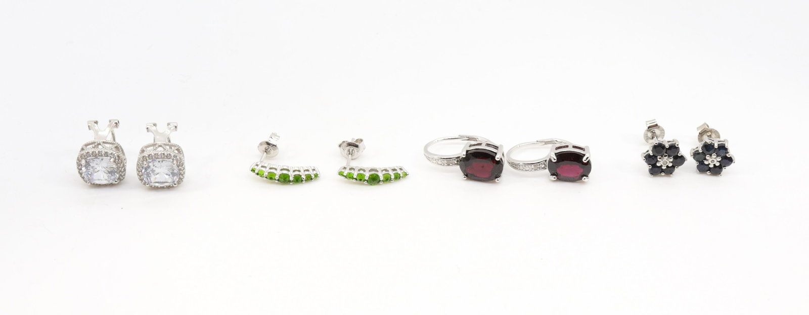 CONTEMPORARY JEWELRY LOT: NEW IN BOX - (4) PAIR OF STERLING SILVER EARRINGS WITH NATURAL AND SYNTHETIC STONES - GARNET, PERIDOT, AND BLACK SPINAL