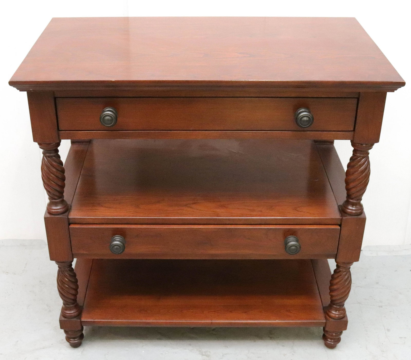 MODERN STICKLEY SERVER: TWO LINED DRAWERS WITH TWISTED COLUMNS 31" X 32" X 18"