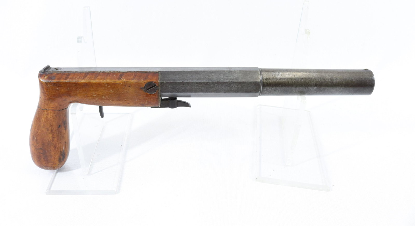 ANTIQUE PERCUSSION STAGECOACH PISTOL: .40 CAL - WITH UNDER LEVER CAP MECHANISM - UNMARKED 8 3/4" BARREL