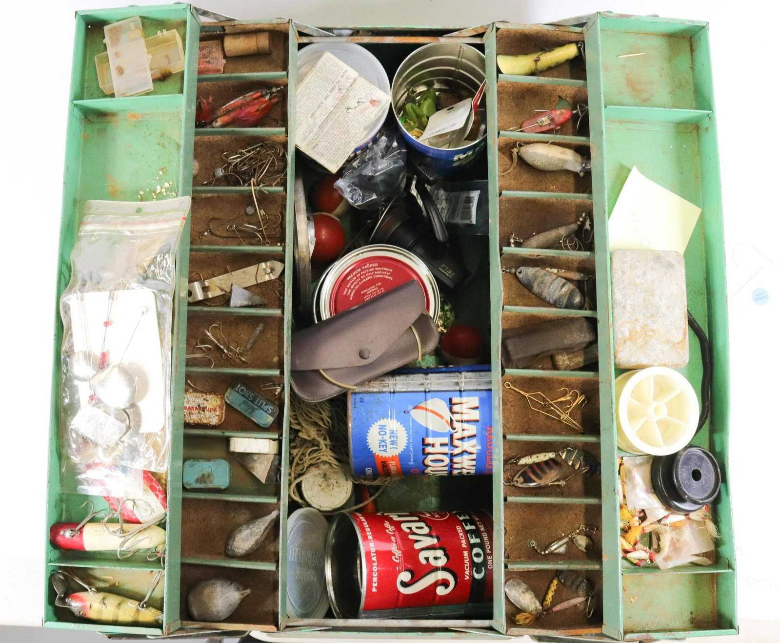 VINTAGE TACKLE BOX AND CONTENTS: WOODEN LURES, METAL, AND PLASTIC LURES - AND OTHER CONTENTS