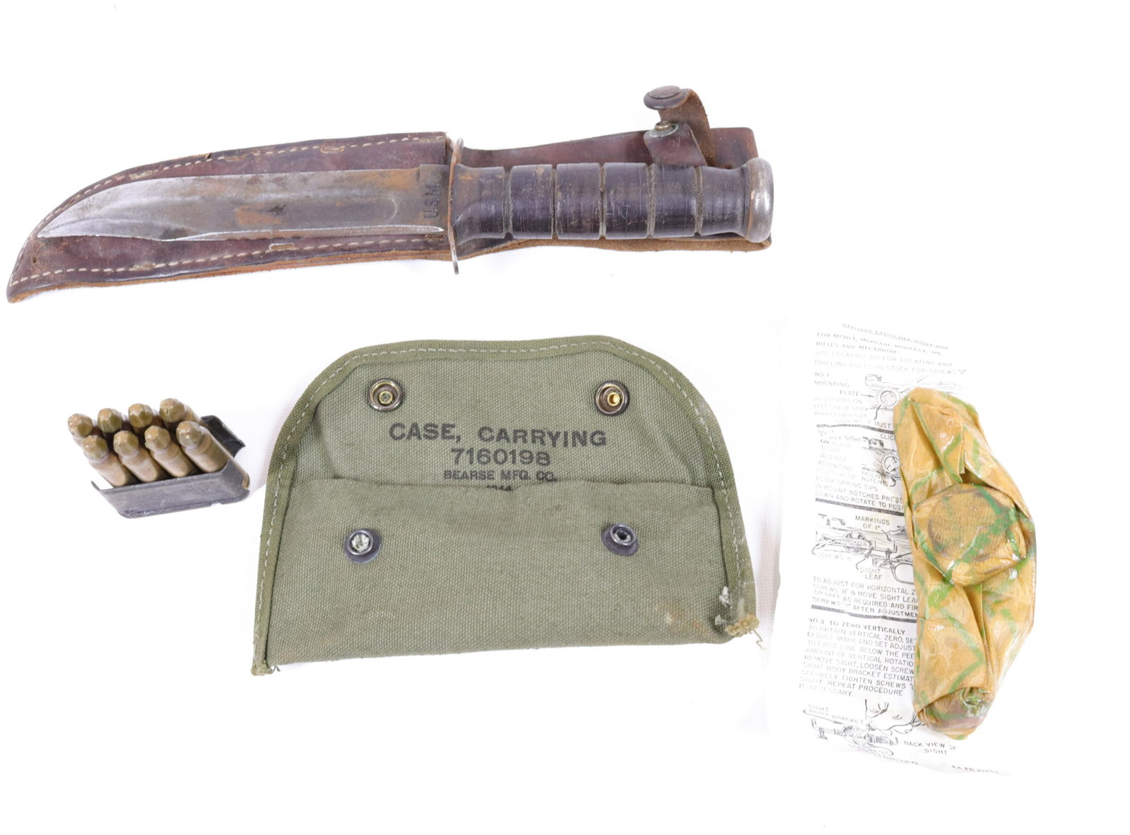 U.S. MILITARY KABAR KNIFE: KABAR KNIFE WITH SHEATH MARKED "USMC" - WITH SHELL HOLDER, STRIP CLIP 12" KNIFE
