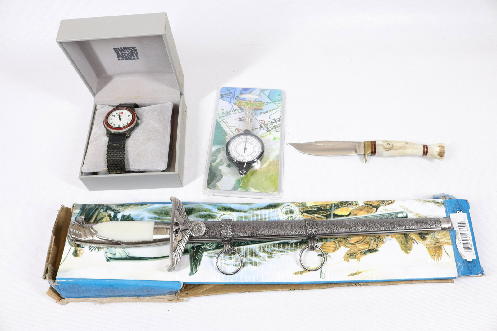 MILITARY LOT: SWISS ARMY WATCH, COMPASS TOOL, REPRODUCTION GERMAN DAGGER, AND KNIFE