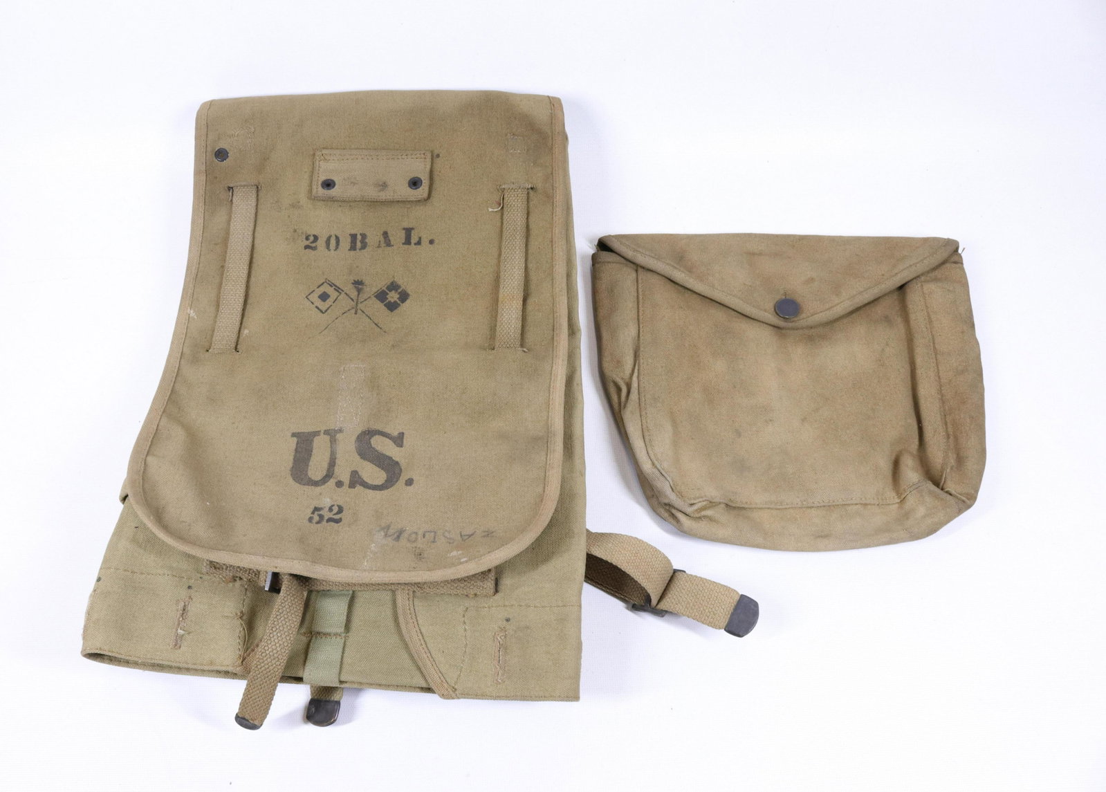 U.S. MILITARY CANVAS LOT: 20TH BAL - WWI ERA POUCH AND SATCHEL