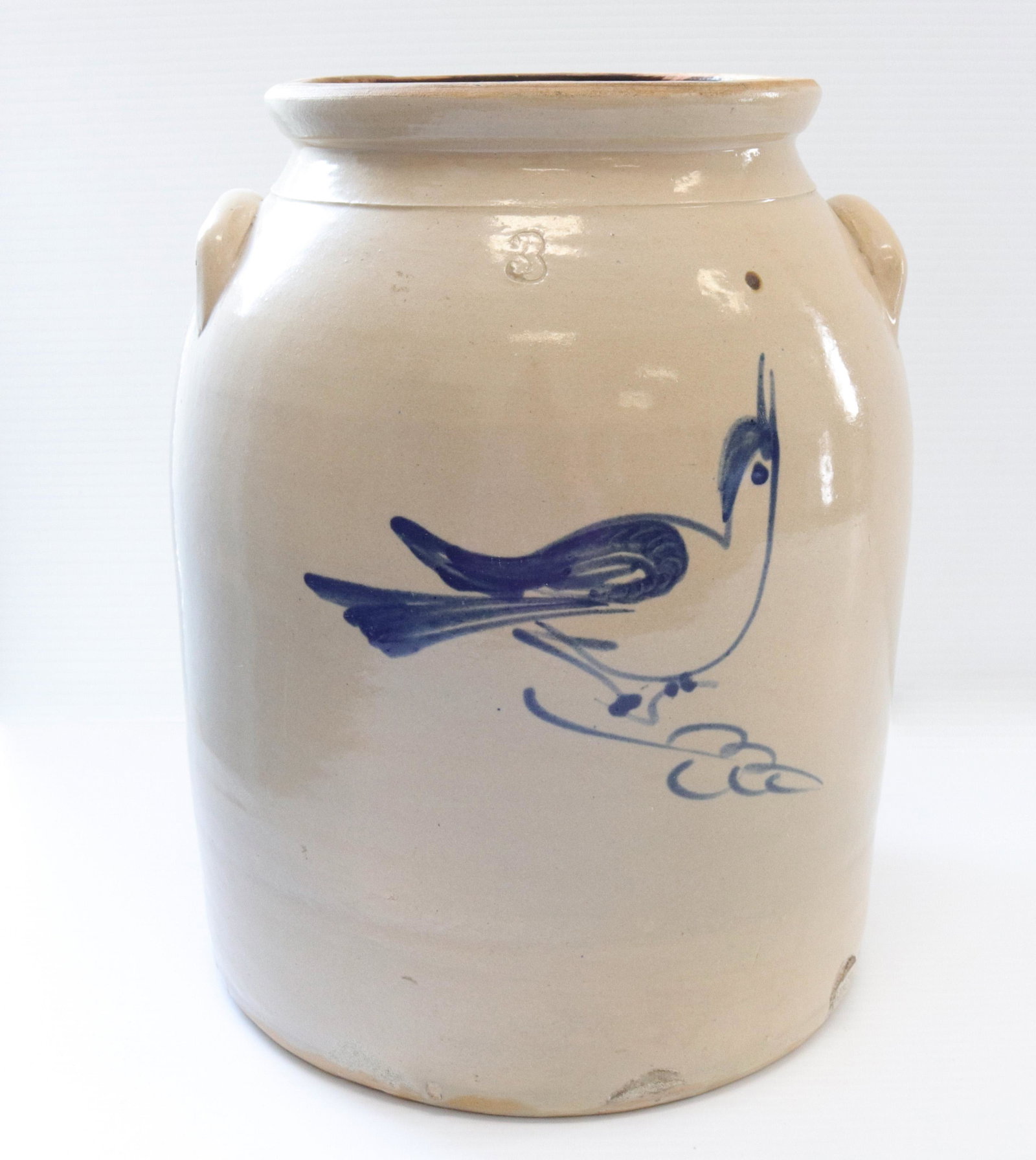 Blue decorated stoneware crock: Description: 3 gallon with blue bird decoration - attributed to fulper pottery Condtion: Good overall condition Size: 12 3/4" X 9 1/2" Consignor: JS Terms: This is an On-Site Online Only Auction.
