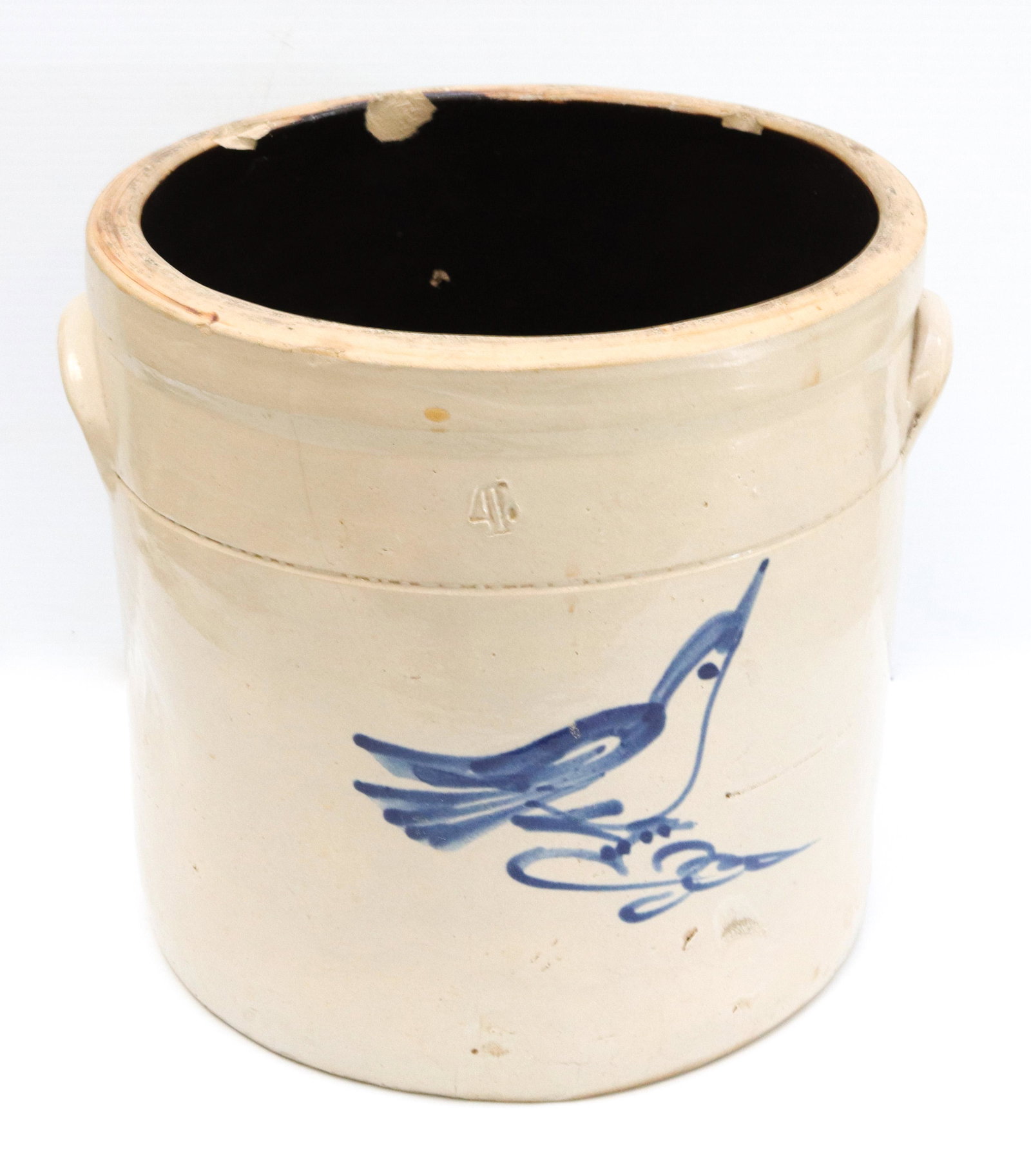 Blue decorated stoneware crock: Description: 4 gallon with blue decorated bird - attributed to fulper pottery Condtion: (2) flat flakes Size: 11" X 11 1/4" Consignor: JS Terms: This is an On-Site Online Only Auction. Preview Wi