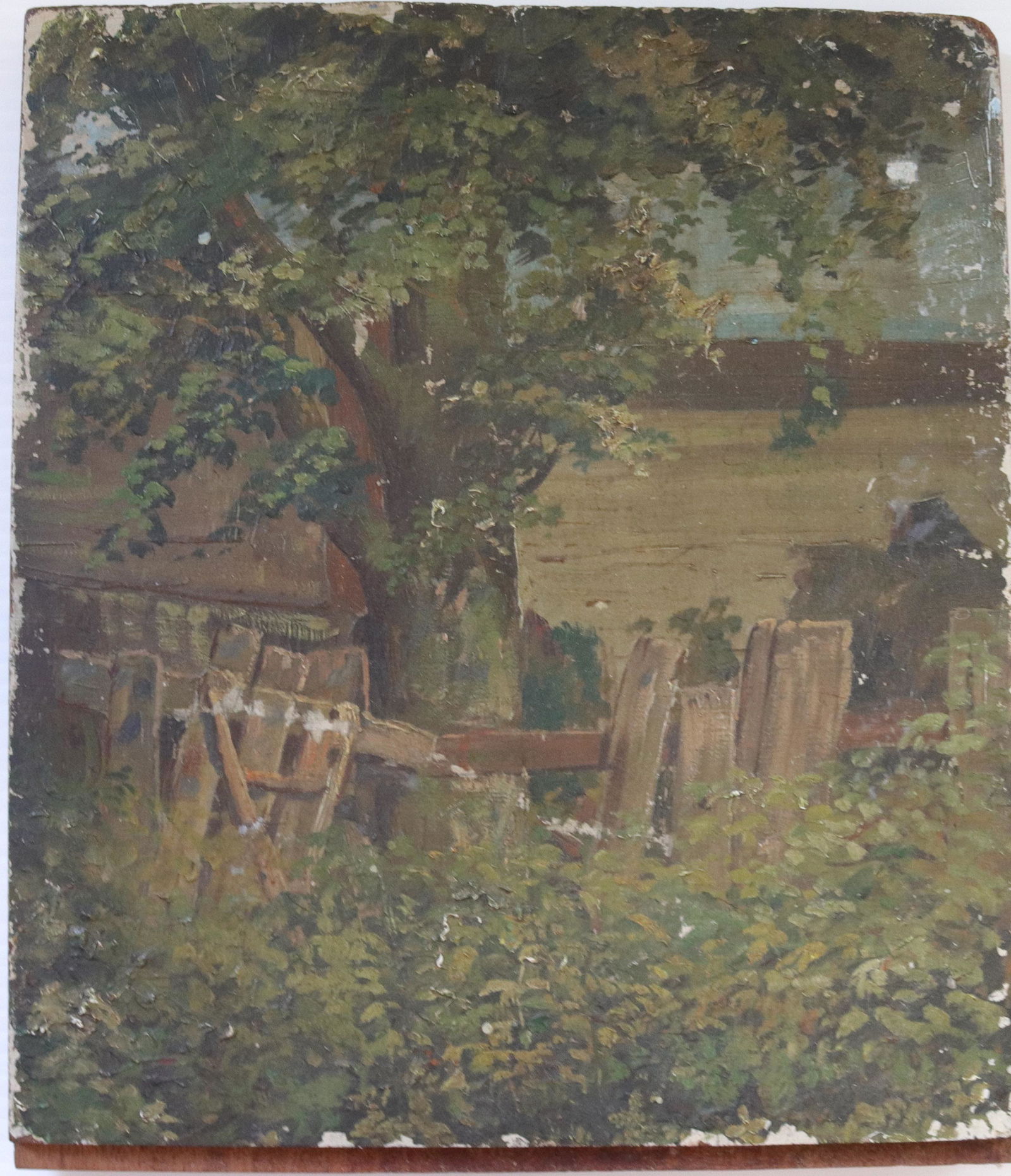 19th century oil on panel: Description: Unsigned - tree with fence landscape Condtion: Flaking to paint - as found Size: 11 1/2" X 10 " Consignor: JS Terms: This is an On-Site Online Only Auction. Preview Will Be (2) Days a