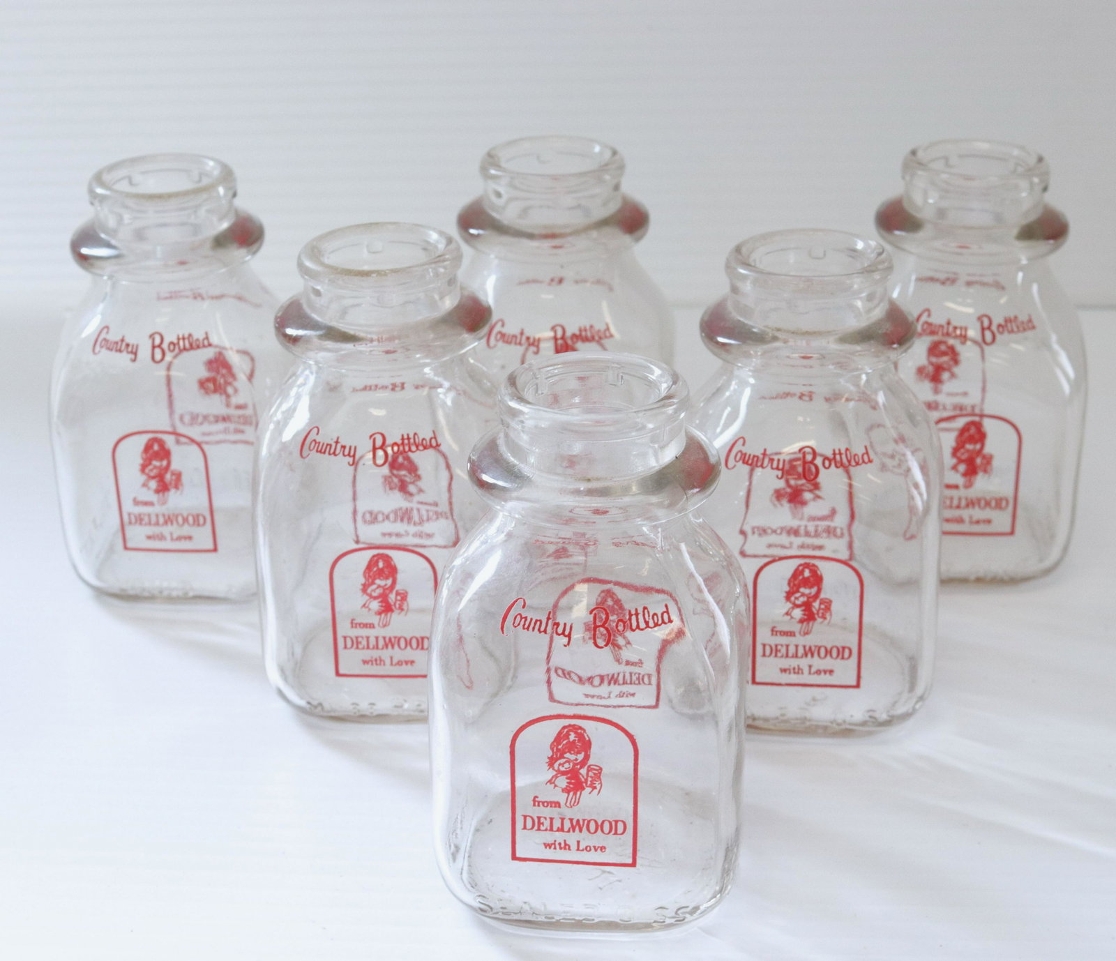 Half pint milk bottle grouping: Description: (6) dellwood half pint bottles Condtion: Good overall condition Size: 4 1/2" X 2 1/2" Consignor: JS Terms: This is an On-Site Online Only Auction. Preview Will Be (2) Days and you mu