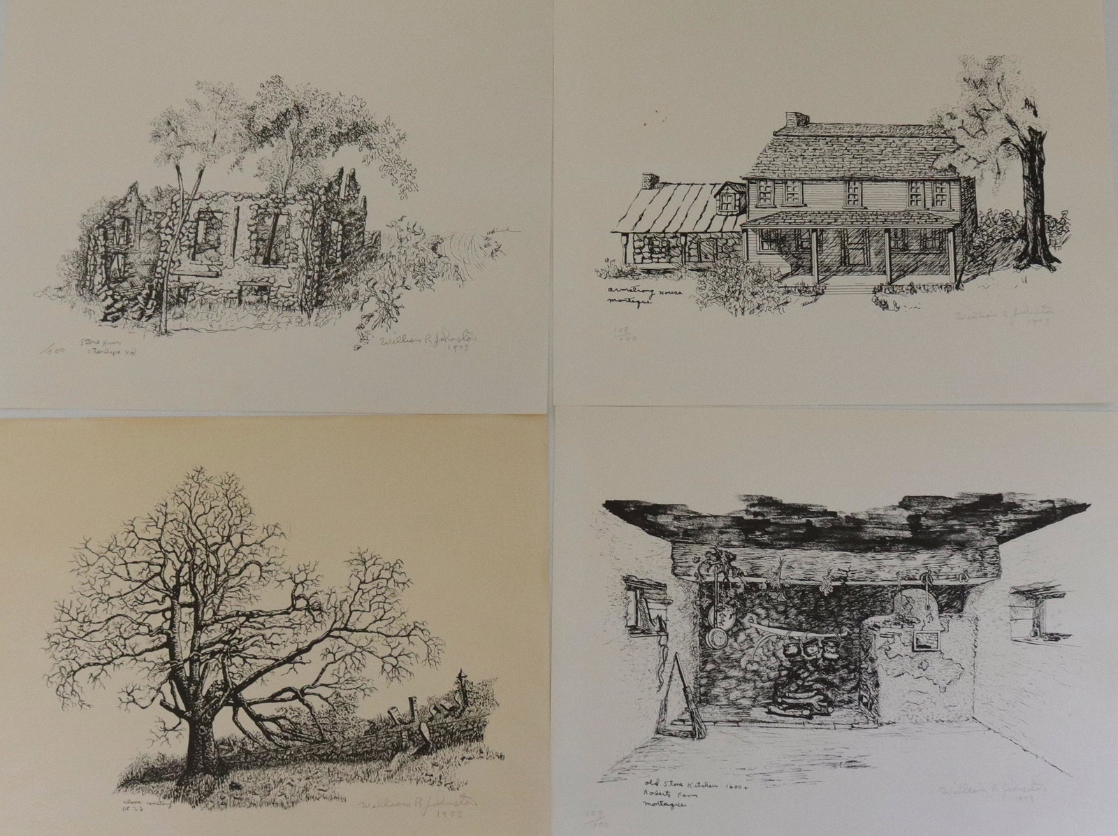 William r. johnston signed prints: Description: (4) unframed prints signed and dated by the artist including - stone ruin stanhope rd 1973, armstrong house montague 1973 #108/700, old stone kitchen roberts farm montague 108/700 1973, a