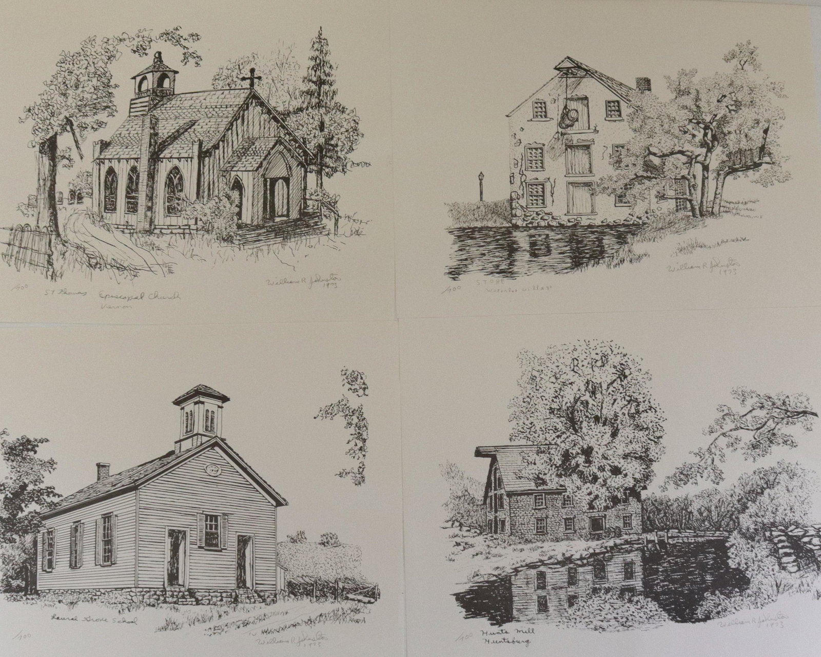 William r. johnston signed prints: Description: (4) unframed prints signed and dated by the artist including - waterloo village store 1973, st. thomas episcopal church vernon 1973, huntsmill in huntsburg 1973, and laurel grove school 1