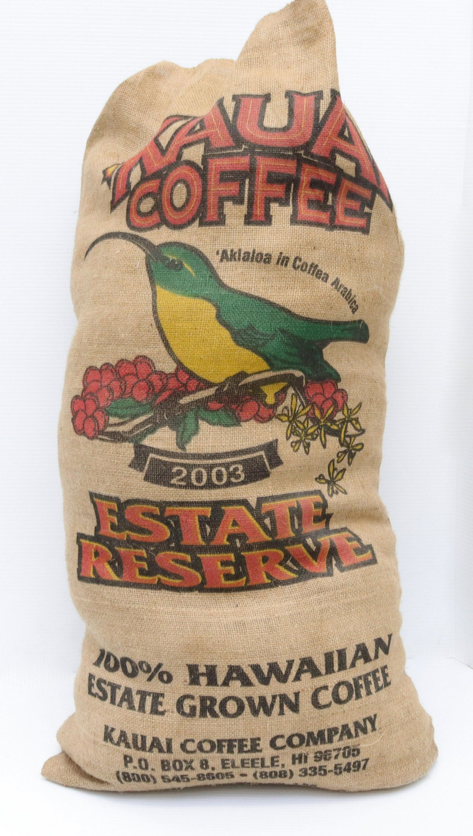 Kauai coffee burlap sack: Description: Advertising sack for kauai coffee Condtion: With stuffing - wear consistent with age and use Size: Consignor: JS Terms: This is an On-Site Online Only Auction. Preview Will Be (2) Da