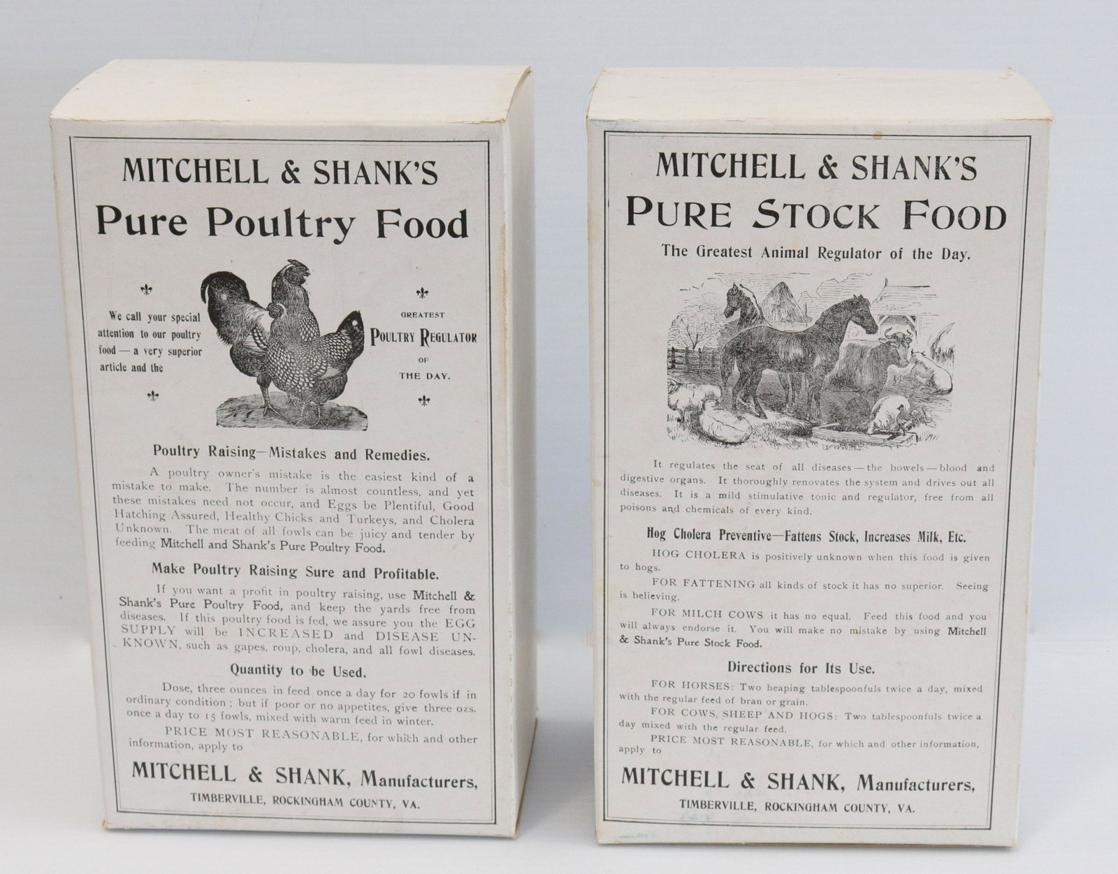 Pair of mitchell and shank's animal food boxes: Description: Pure poultry and pure stock food boxes - timberville, va Condtion: Good overall condition Size: 9 1/2" X 5 1/2" Consignor: JS Terms: This is an On-Site Online Only Auction. Preview Wi