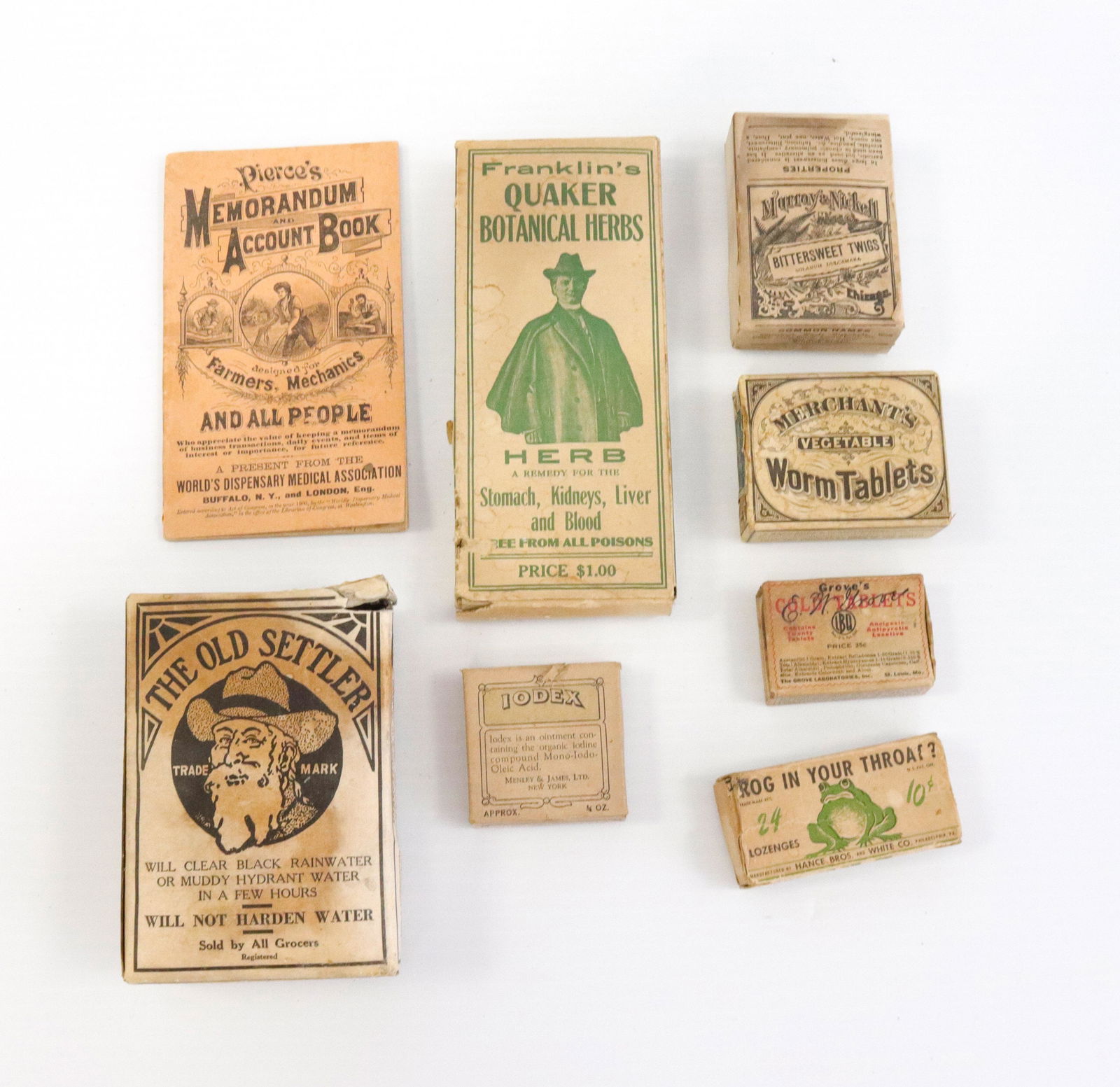 Group lot of vintage household products: Description: (8) items including - frog in your throat lozenges box, merchants worm tablets, quaker botanical herbs, and more Condtion: Wear consistent with age and use Size: 1 1/2" X 6 1/4" Consignor