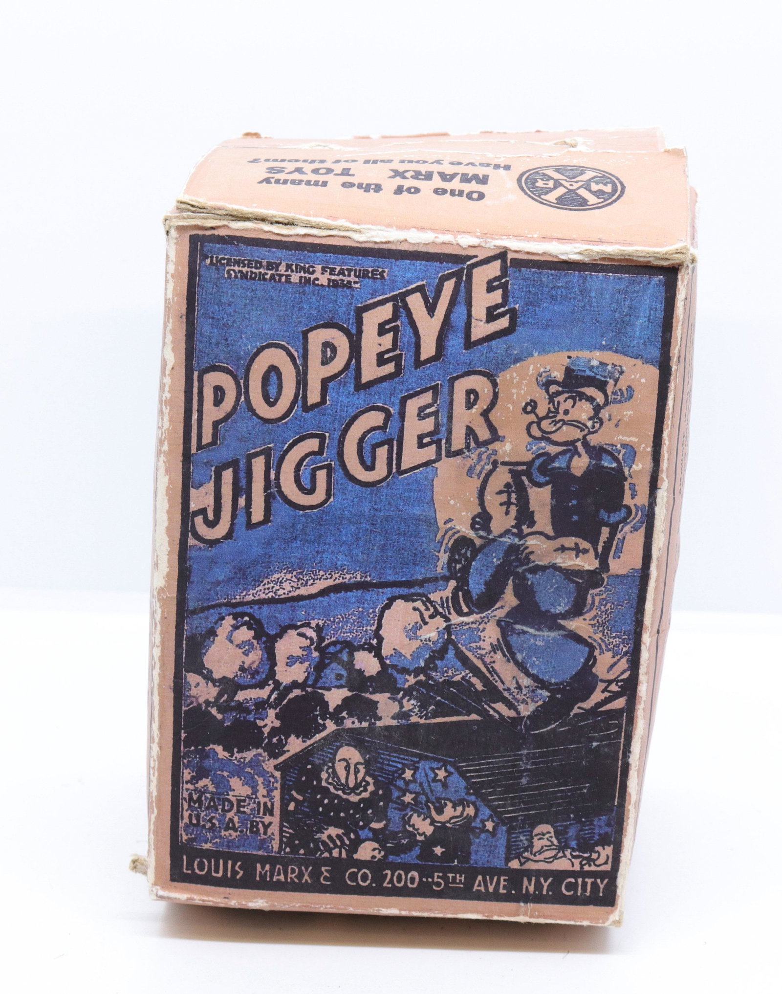 Louis marx "popeye jigger" box: Description: Box only Condtion: Wear to surface Size: 6 1/2" X 4" X 3 1/2" Consignor: JS Terms: This is an On-Site Online Only Auction. Preview Will Be (2) Days and you must Make an Appoinment to
