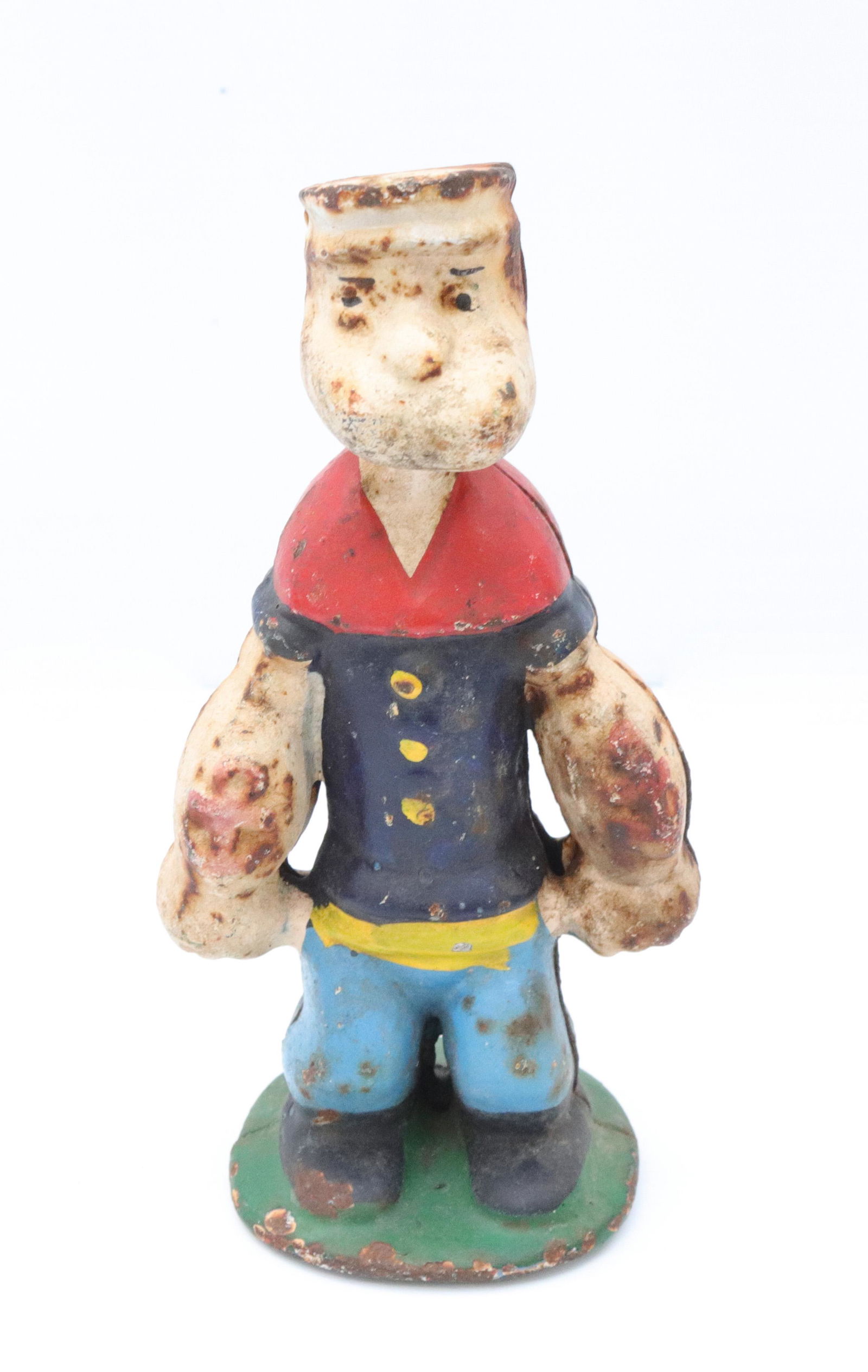 Cast iron popeye bank: Description: Painted still bank Condtion: Loss to painted surface Size: 5 3/4" Consignor: JS Terms: This is an On-Site Online Only Auction. Preview Will Be (2) Days and you must Make an Appoinmen