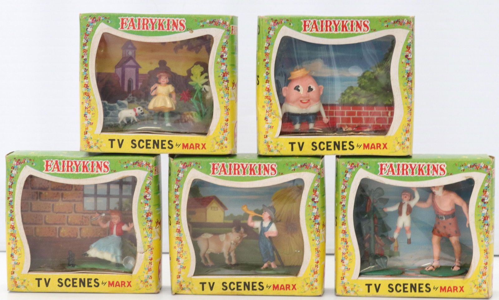Lot of (5) marx "fairykins": Description: In original boxes circa 1962 - humpty dumpty, mary had a little lamb, little boy blue, jack and the beanstalk, and little miss muffet Condtion: In boxes Size: Consignor: JS Terms: This