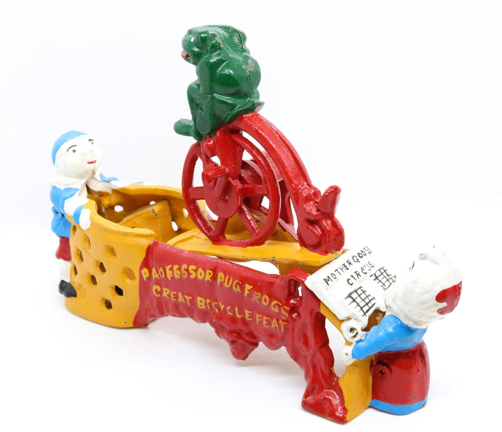 Modern cast iron mechanical bank: Description: "great bicycle feat" professor pug frogs Condtion: Good overall condition Size: 10 1/2" X 7" Consignor: JS Terms: This is an On-Site Online Only Auction. Preview Will Be (2) Days and