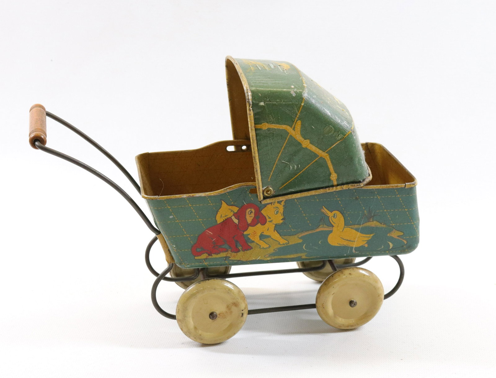 SMALL CHILD'S BABY CARRIAGE: CAT, DOG AND DUCK MOTIF. WOODEN HANDLE Size 6 1/2" X 9 1/2"