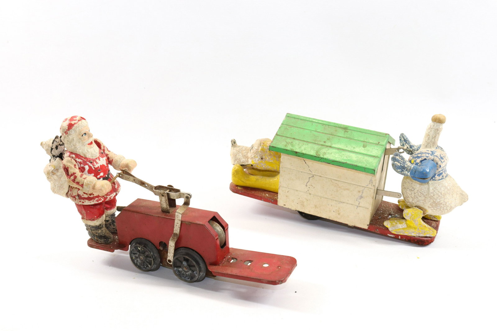 MICKEY MOUSE AND DONALD DUCK HAND CARS: MICKEY MOUSE SANTA CAR AND DONALD DUCK HAND CAR. AS-FOUND FOR PARTS OR RESTORATION Size 10" TO 11" L