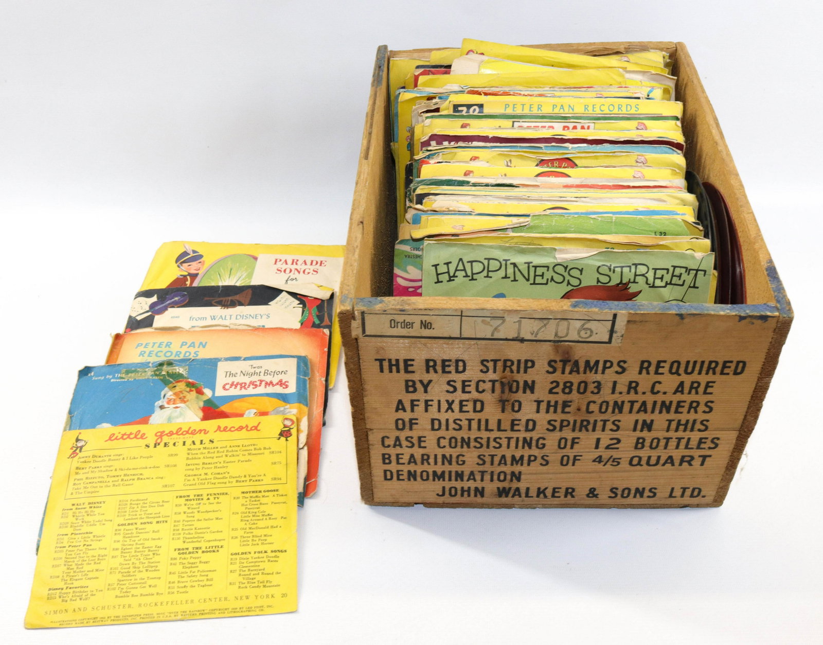 LARGE LOT OF CHILDREN'S 78 RPM RECORDS: 100+ 1950s+ RECORDS IN RED LABEL WHISKEY CRATE