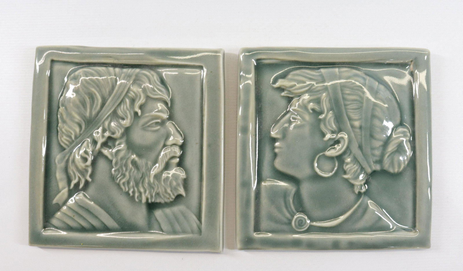 PAIR OF EDGECOMB TILES: POTTERY GLAZED TILES WITH MAN AND WOMAN Size 6 1/4" X 6 1/2"
