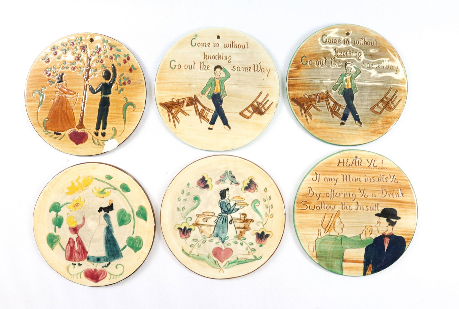 GROUP LOT OF PENNSBURY POTTERY WALL PLAQUES: (6) WITH PA DUTCH SCENES Size 6" D