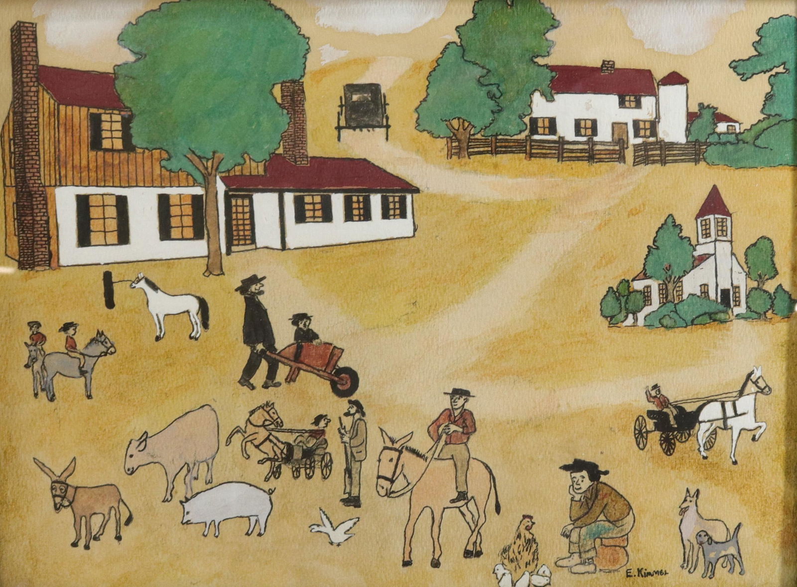E. KIMMEL PAINT AND INK AMISH SCENE (1 of 3)