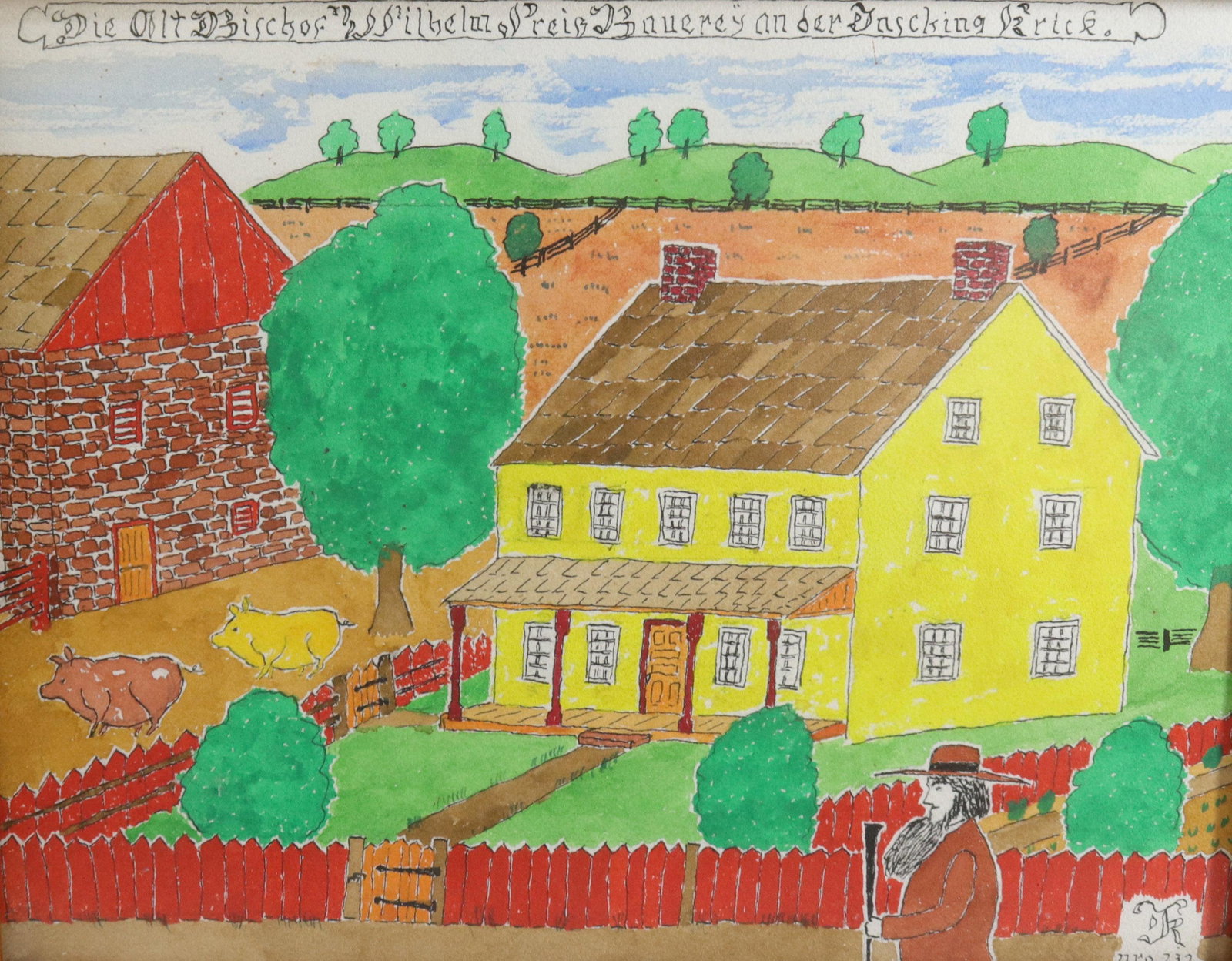 ISAAC CLARENCE KULP WATERCOLOR: "THE OLD BISHOP WILLIAM PREISS FARM ON THE INDIAN CREEK, VERNFIELD, PENNA" 1998 Size 10 1/2" X 13 1/2" SIGHT VIEW