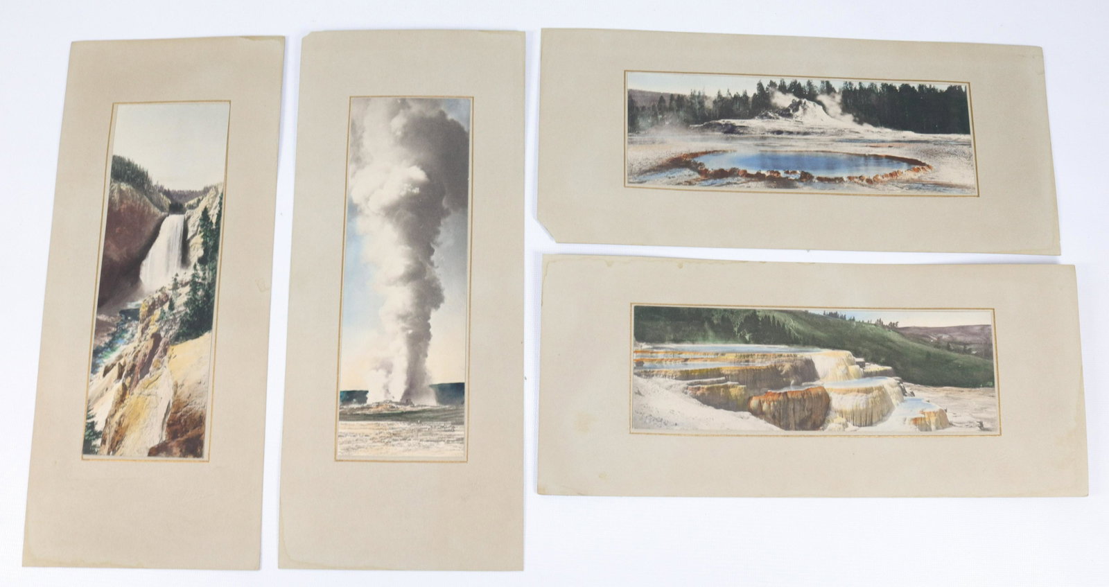 (4) YELLOWSTONE PARK PHOTOGRAVURES: HAND-PAINTED. PUBLISHED BY F. JAY HAYNES Size 3" X 9" SIGHT VIEWS