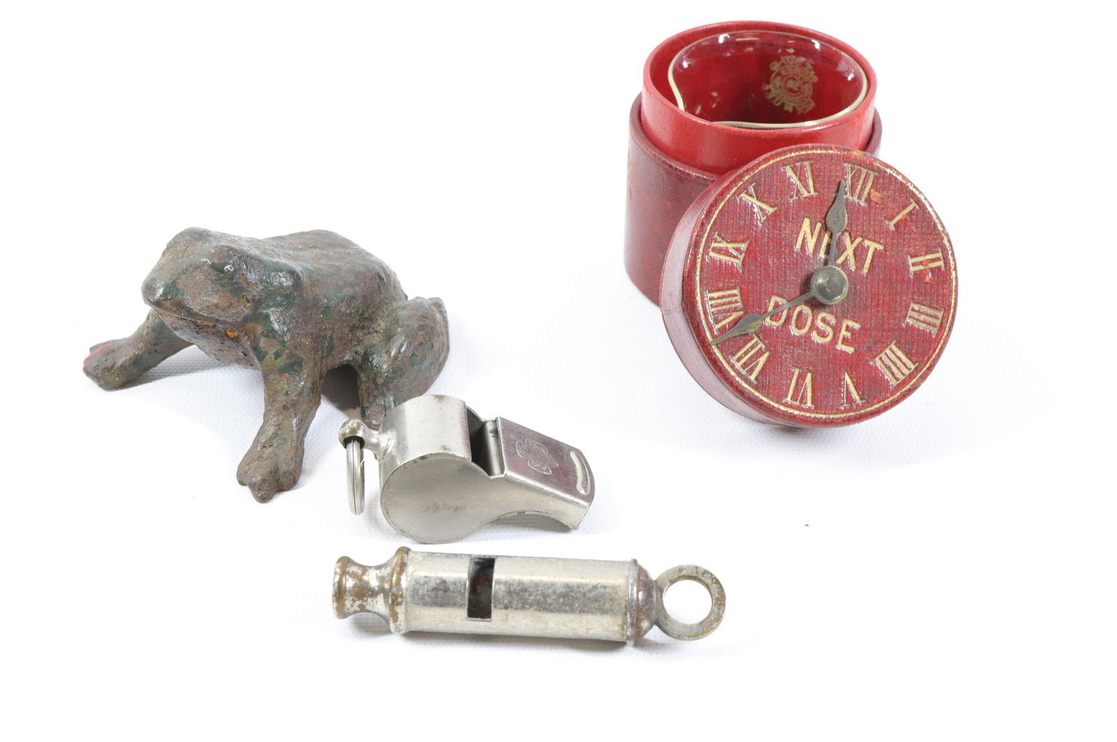 CAST IRON FROG, POLICE WHISTLE AND CONTAINER (1 of 6)