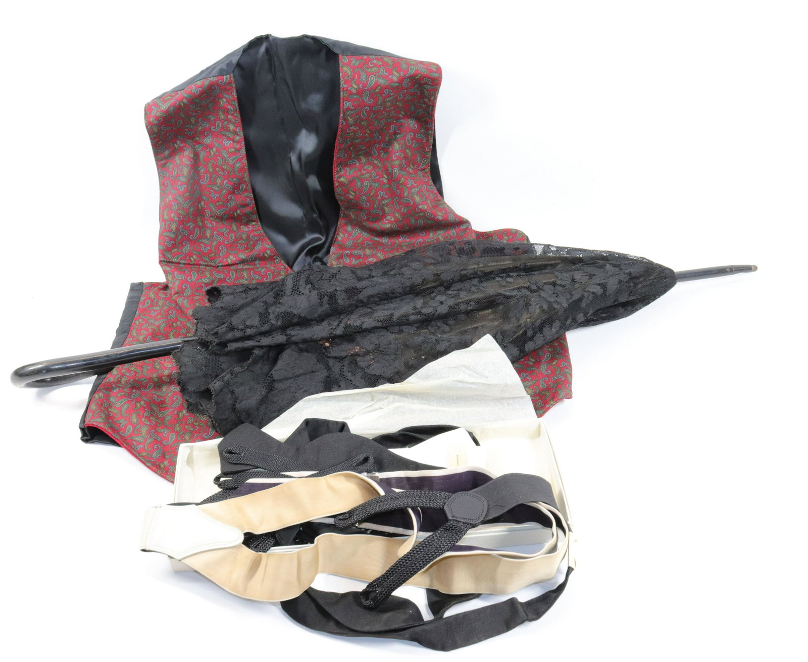 ANTIQUE PARASOL, SUSPENDERS AND BOWTIES: BLACK LACE PARASOL WITH LINING, PAISLEY VEST, SUSPENDERS AND BOW TIES Size PARASOL 31 1/2" L