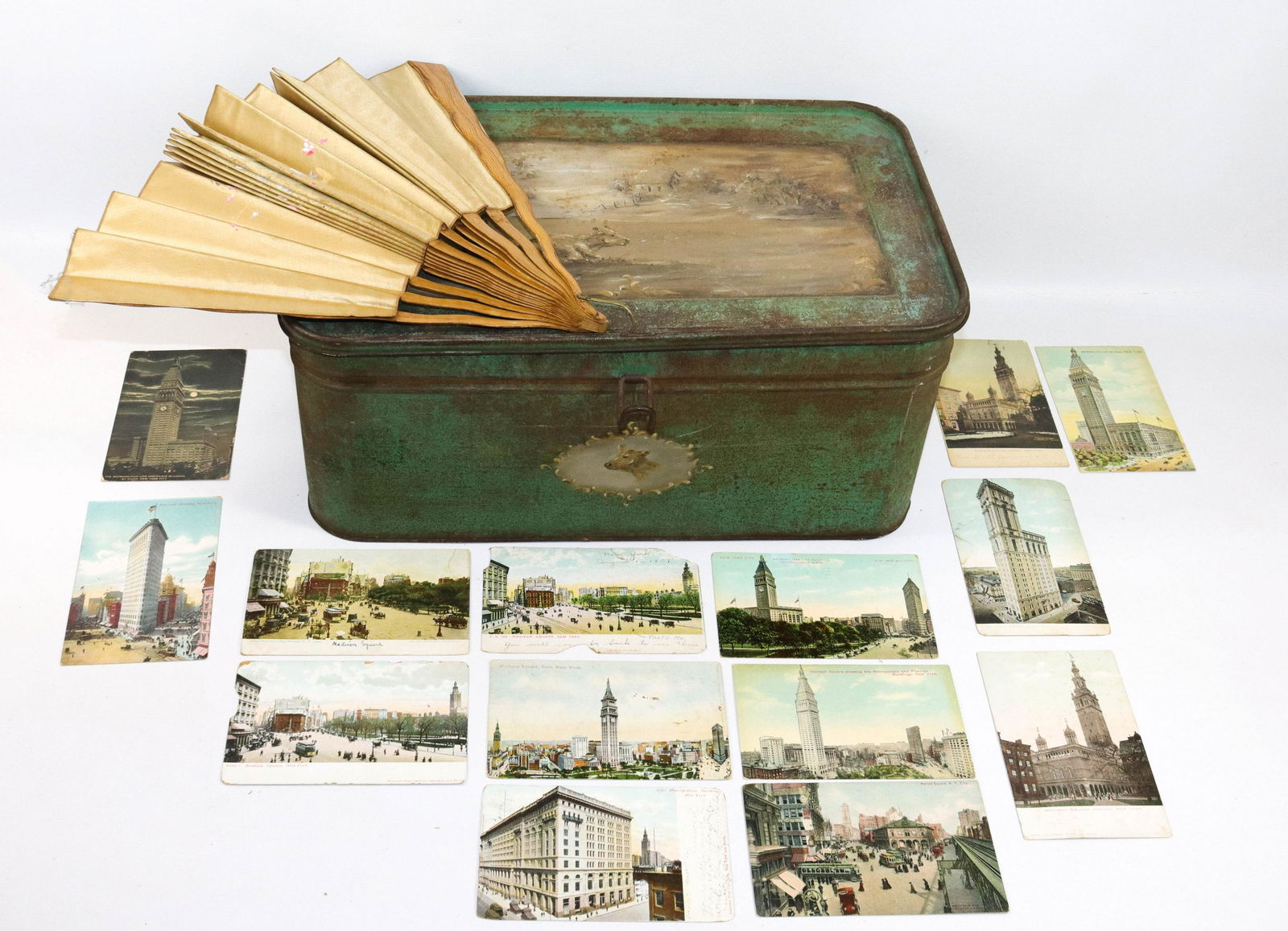 TIN BREADBOX, FAN AND POSTCARDS (1 of 5)
