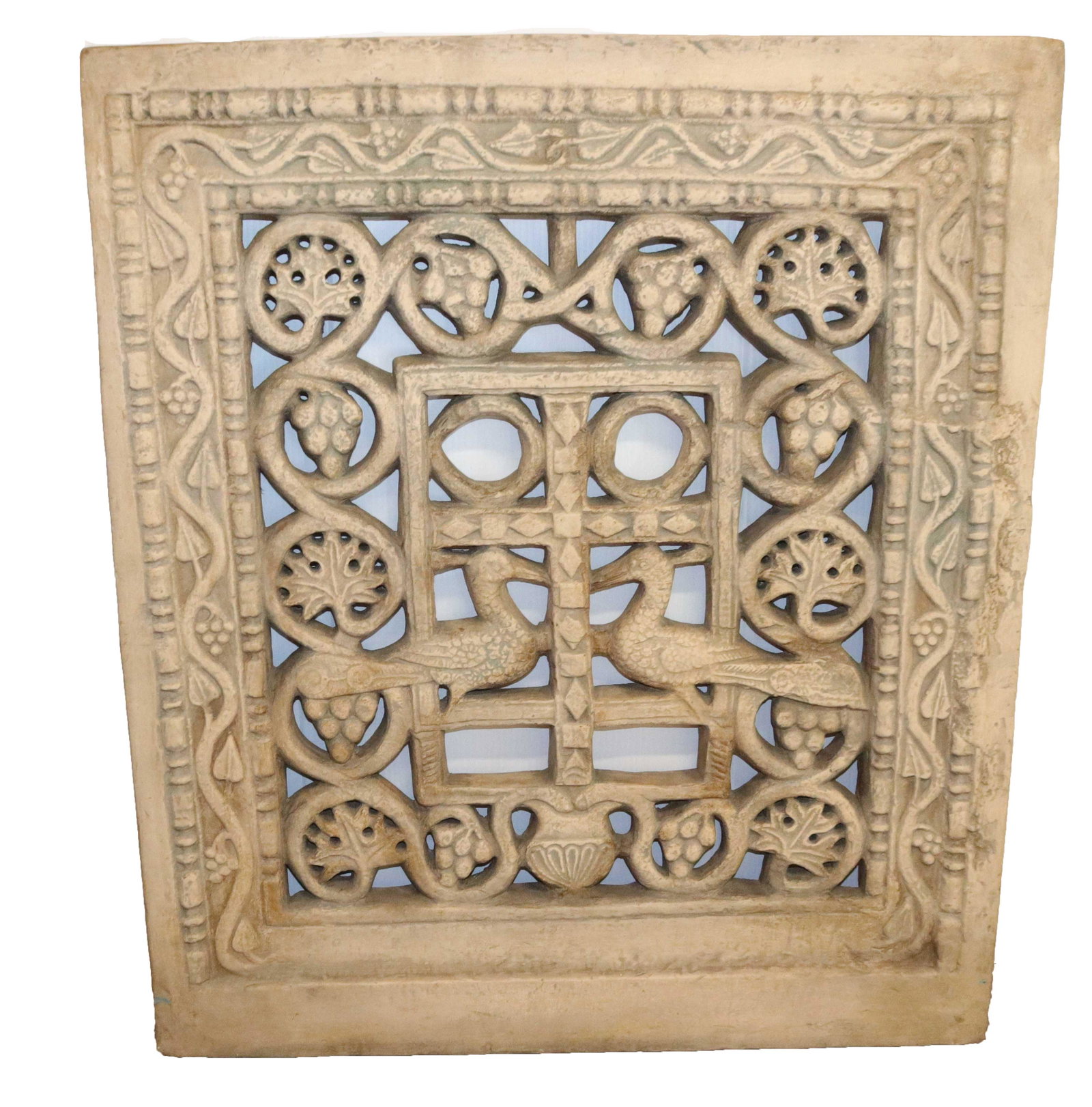 MOLDED POTTERY ARCHITECTURAL PIECE: DEPICTS BIRDS, GRAPES, LEAVES AND URN Size 36 1/2" X 31 1/2"