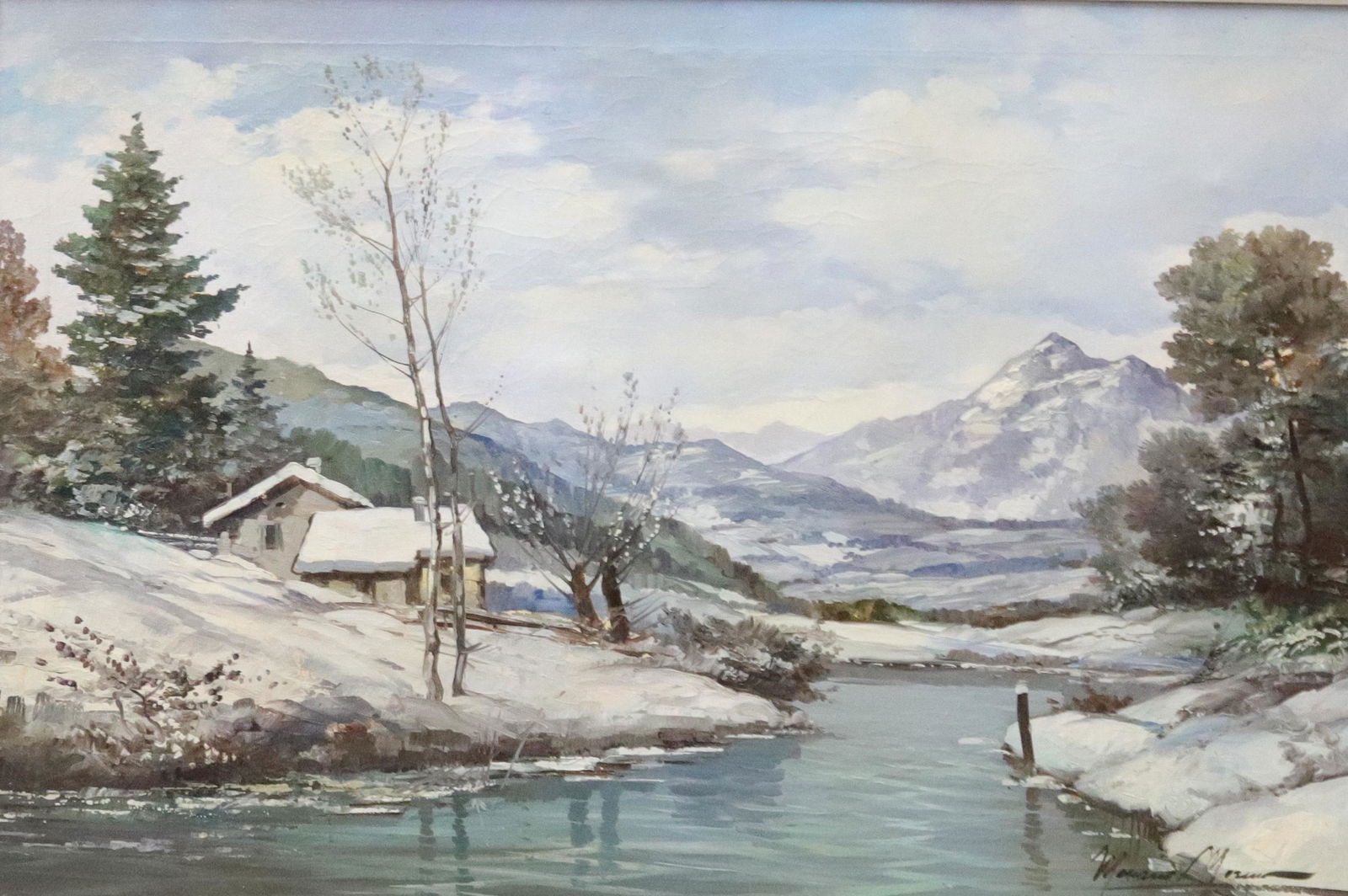 MARIANO MORENO OIL ON CANVAS: WINTER SCENE WITH CREEK. SNGD. BOTTOM RIGHT Size 24" X 36"