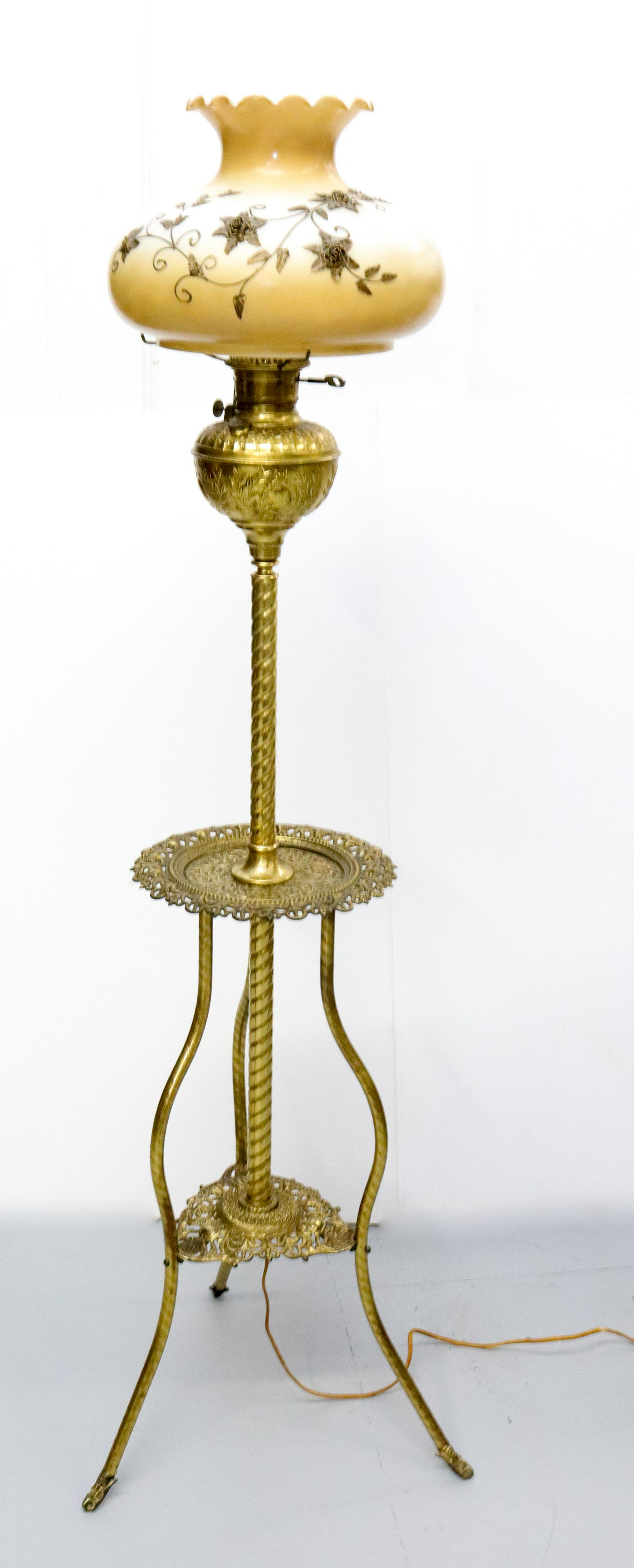 BRADLEY & HUBBARD PIANO LAMP: BRASS WITH OPAQUE SHADE (NO CHIMNEY). METAL FLORAL DECORATION ON SHADE Size TOTAL HEIGHT 61"
