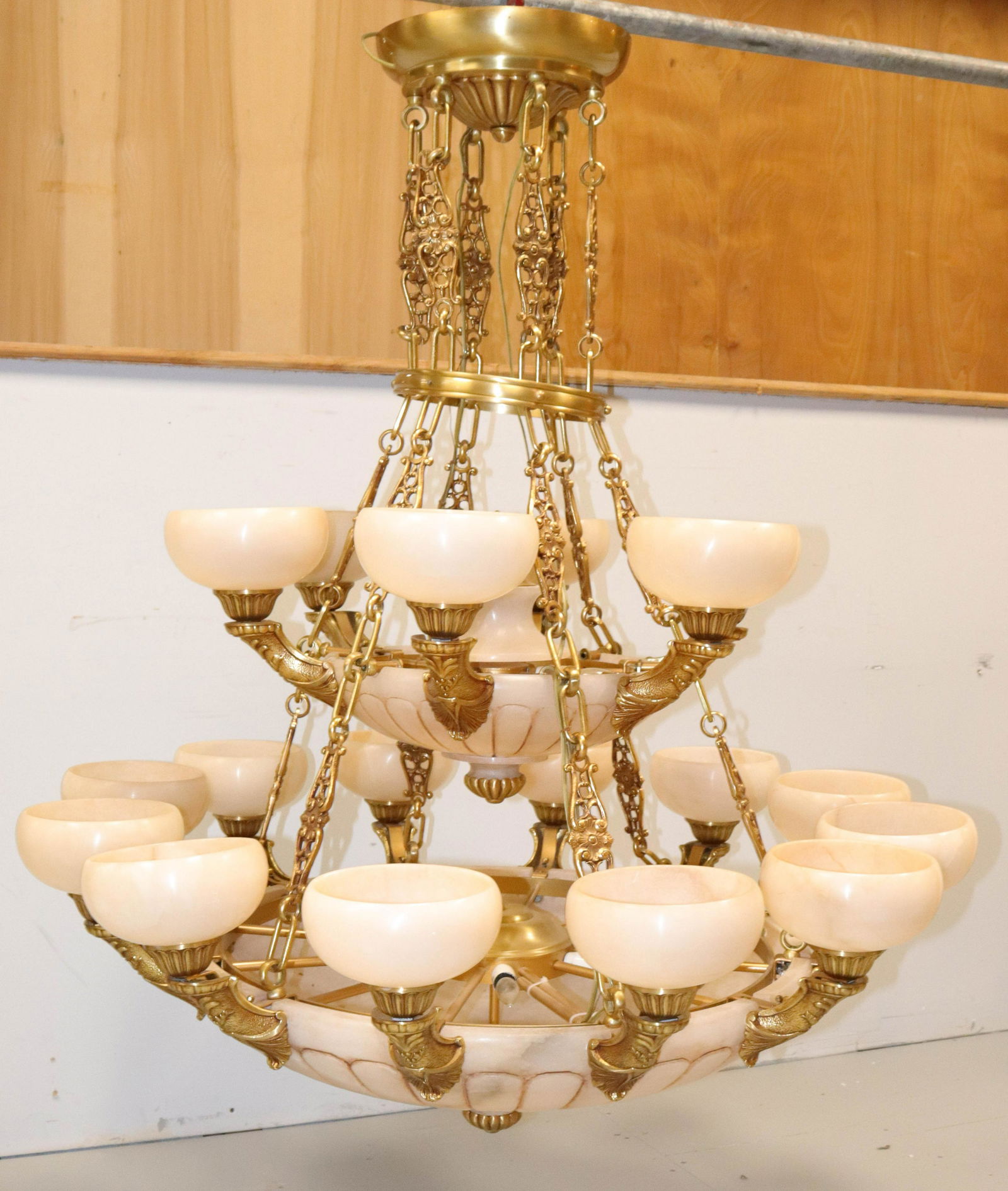 LARGE ALABASTER BRUSHED BRASS CHANDELIER (1 of 4)