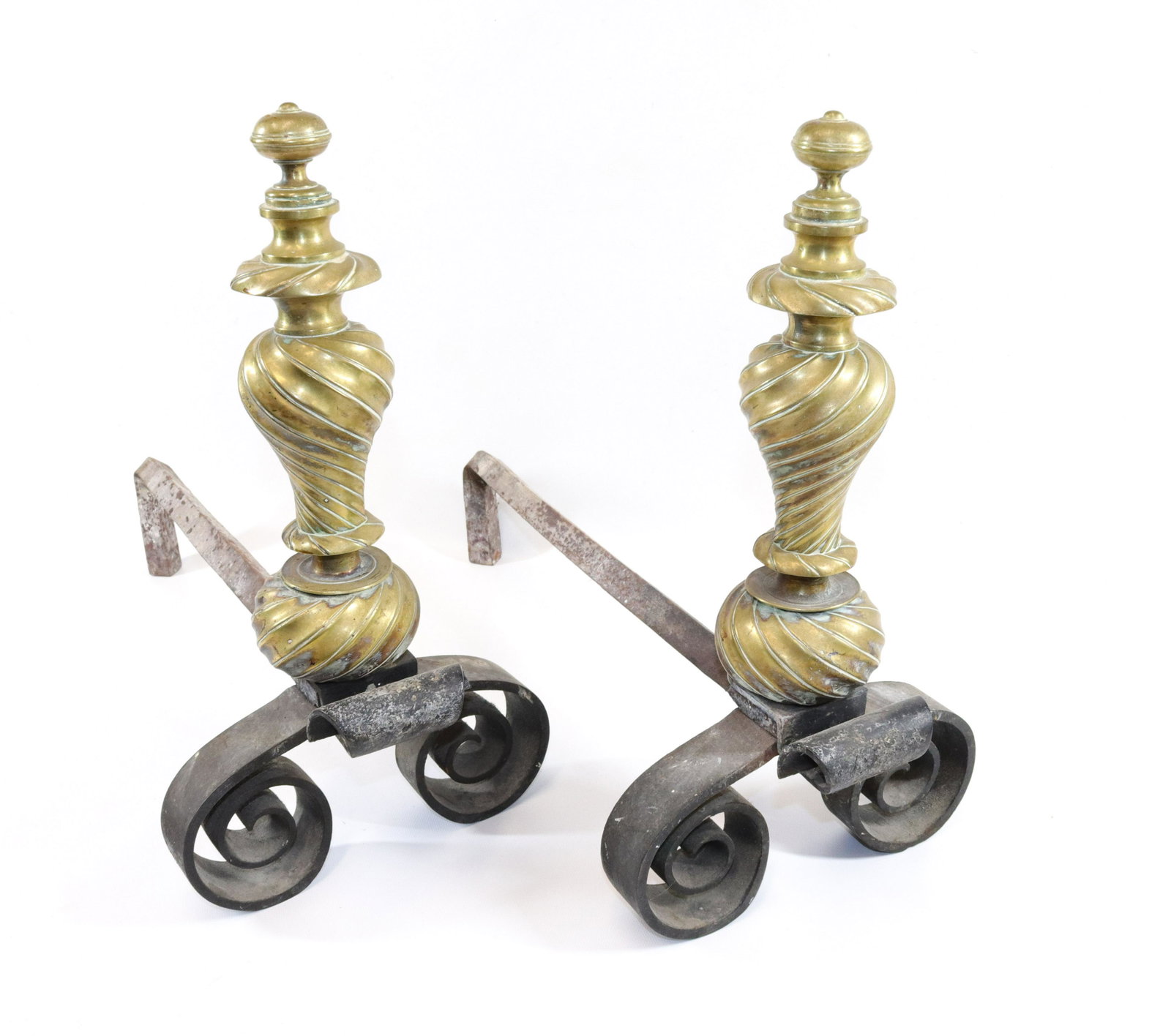 PR. OF BRASS ANDIRONS: WROUGHT IRON AND BRASS SWIRL AND-IRONS SIZE: 15 1/2" X 19 1/2"