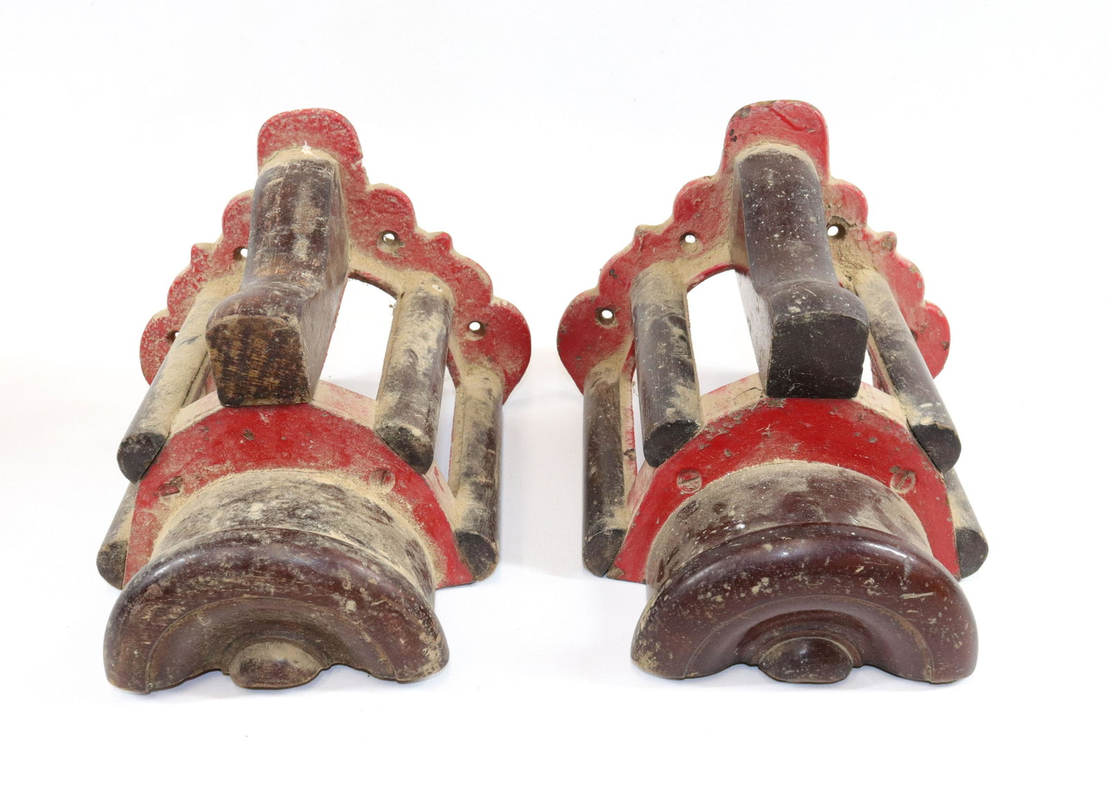 PR. OF CAST IRON HARNESS HOLDERS: PAINTED IRON AND WOOD - UNMARKED SIZE: 7" X 8 1/2" X 8 1/2"