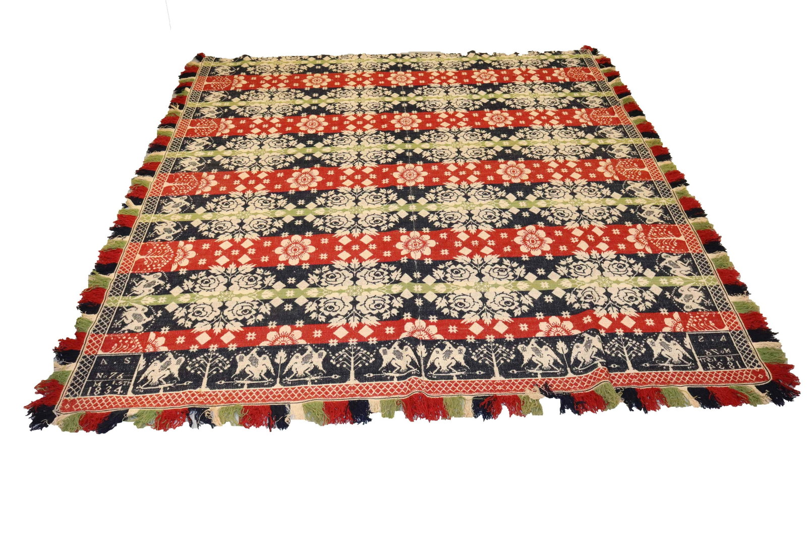 19TH CENTURY WOVEN COVERLET: A.S. NO. 76 M. 13TH 1834 - TWO PIECE COVERLET IN RED, BLUE, CREAM, AND GREEN WITH AMERICAN EAGLE ON ARROW BORDER AND TREE SIZE: 89" X 84"