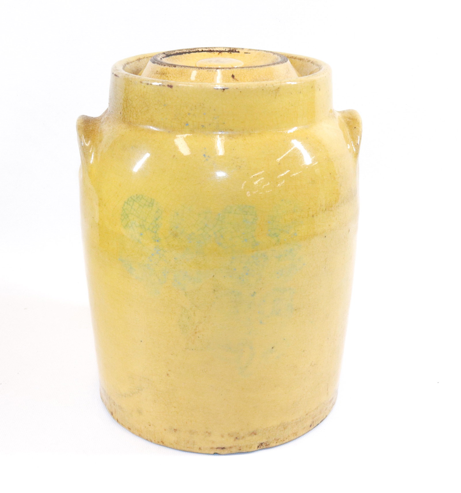 YELLOW WARE COOKIE JAR: POTTERY COOKIE JAR WITH LID SIZE: 10" H