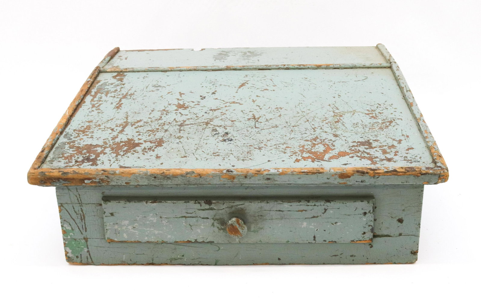 PAINTED COUNTERTOP DESK: SLANT TOP WITH SINGLE DRAWER IN ORIGINAL BLUE PAINT SIZE: 10 1/2" X 28" X 28 1/2"