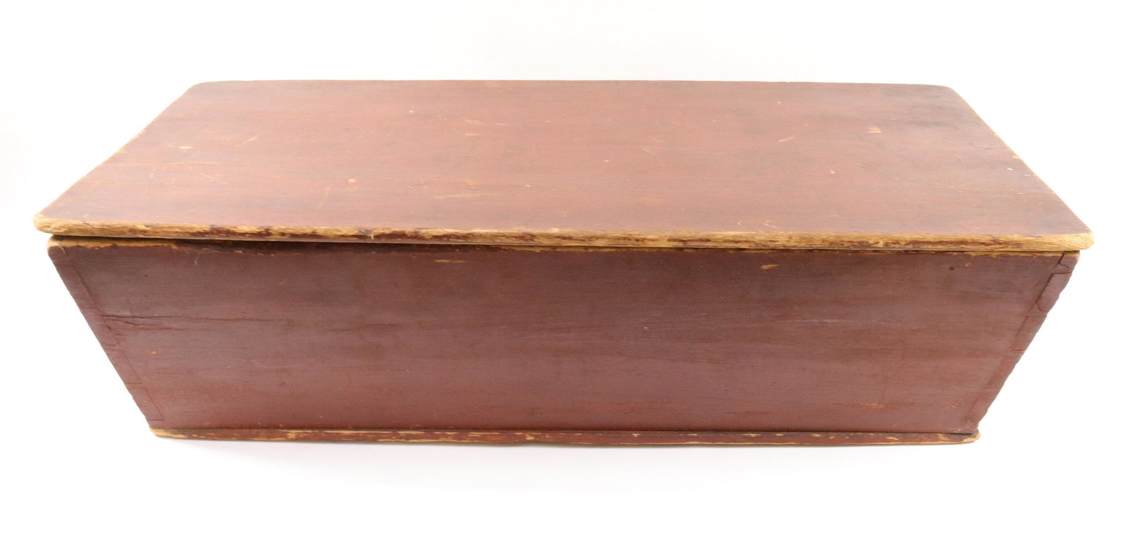PAINT DECORATED WOODEN DOUGH BOX: DOVETAILED BOX WITH LIFT LID IN ORIGINAL DARK RED PAINT SIZE: 9" X 33" X 16 1/2"