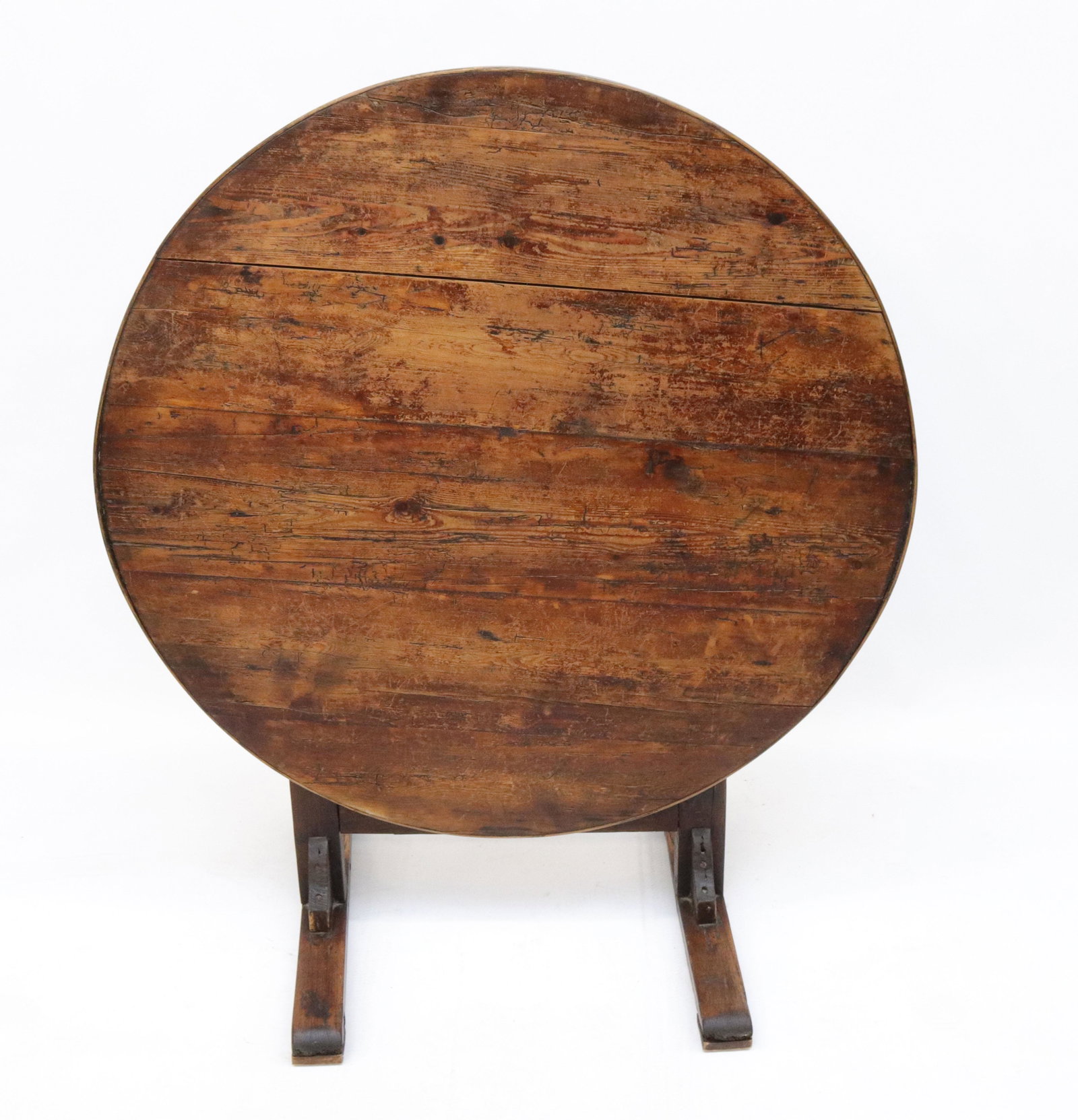 EARLY TILT TOP TAVERN TABLE: PINE TOPTABLE WITH OAK SHOE FEET AND OAK TRIMMED EDGE TOP SIZE: TOP 41 1/2" D TOP - HEIGHT 48 1/2" WHEN FLIPPED UP