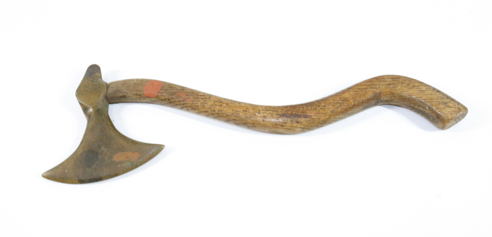 MINIATURE BRASS HATCHET: MARKED "TOTE" - IMPROVED ORDER OF RED MEN - CURVED WOODEN HANDLE SIZE: 12 1/2" L