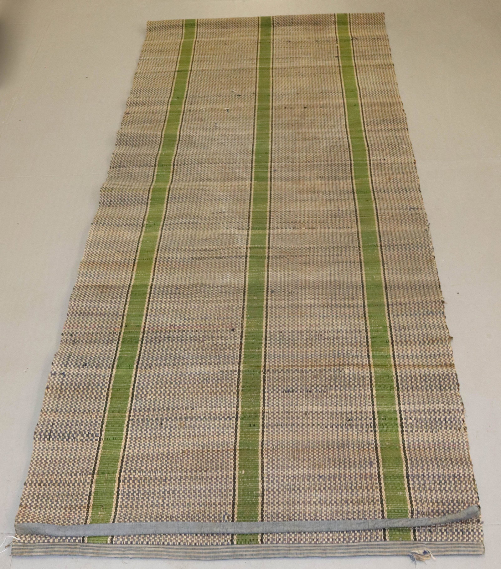 VINTAGE WOVEN RUNNER: RAG RUG IN GREEN STRIPE PATTERN SIZE: 174" X 37"