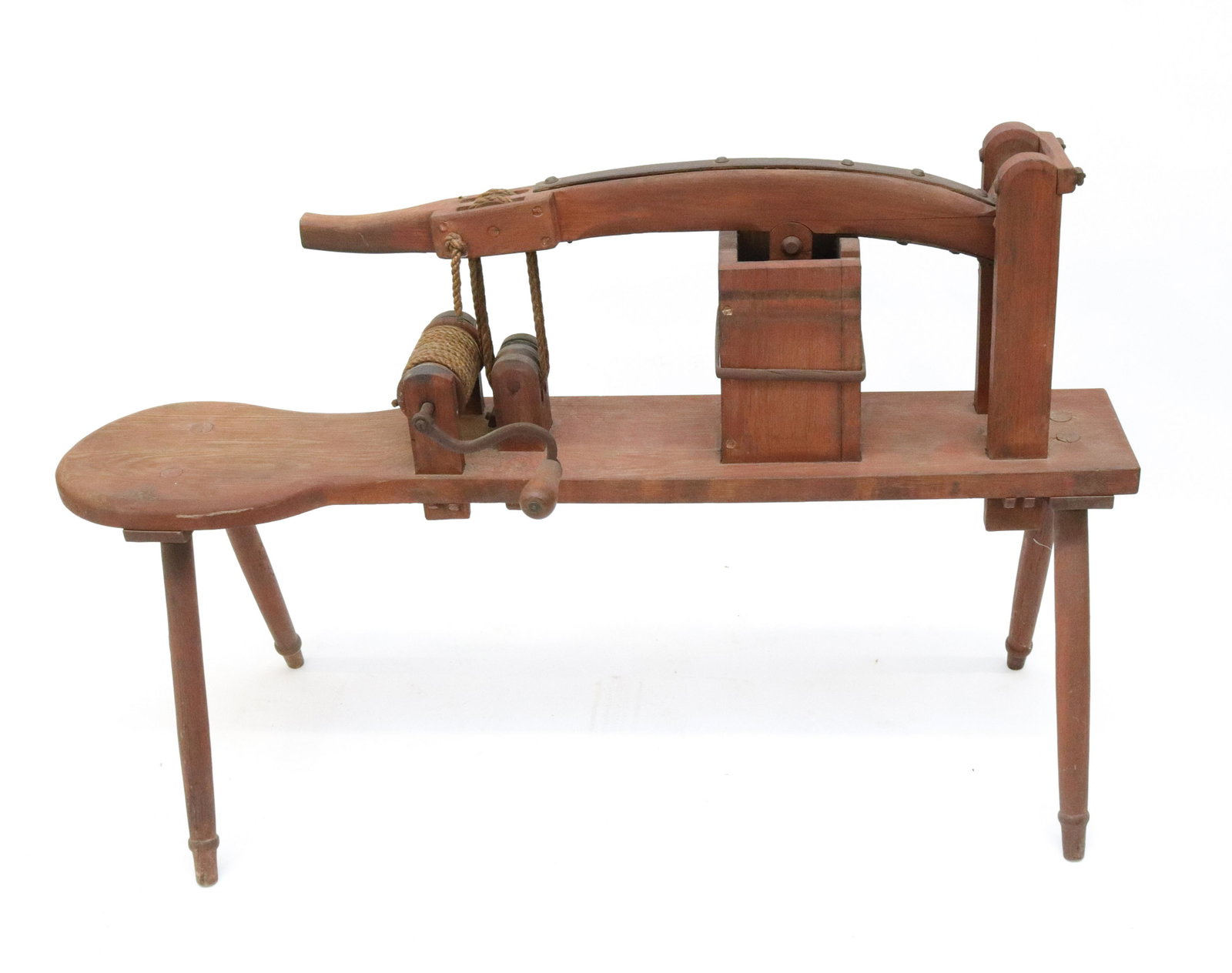 EXCEPTIONAL 19TH CENTURY SAUSAGE STUFFER: WOOD AND IRON CONSTRUCTION WITH RED WASH - MORTISSED LEGS WITH SADDLE SEAT, ROPE AND PULLEY DESIGN SIZE: 33" X 51" X 10"