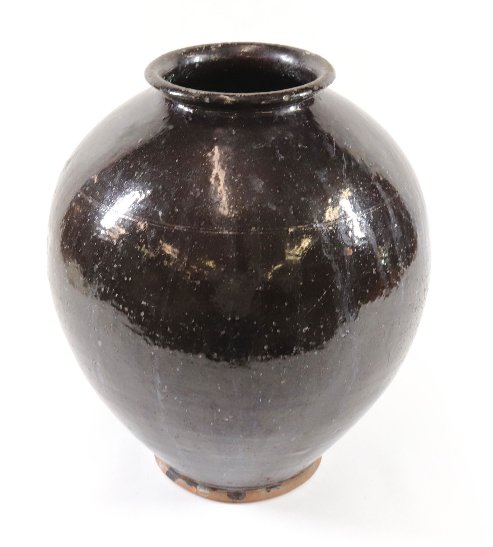 19TH CENTURY OVOID REDWARE JAR: DARK OVERALL GLAZE - GOOD FORM SIZE: 13" X 10"