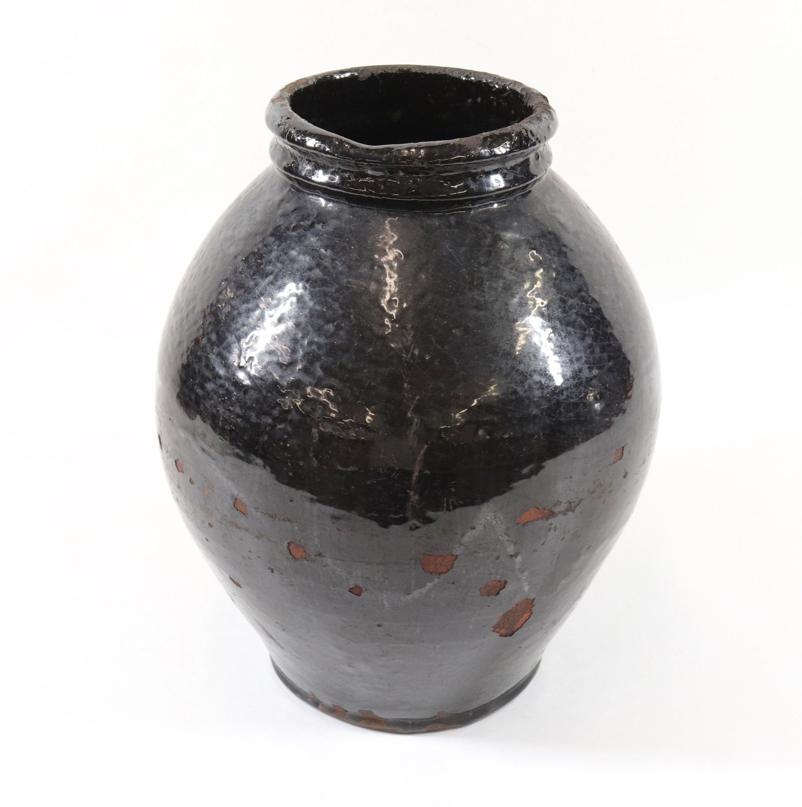 19TH CENTURY REDWARE OVOID JAR: DARK OVERALL GLAZE SIZE: 12" X 9"