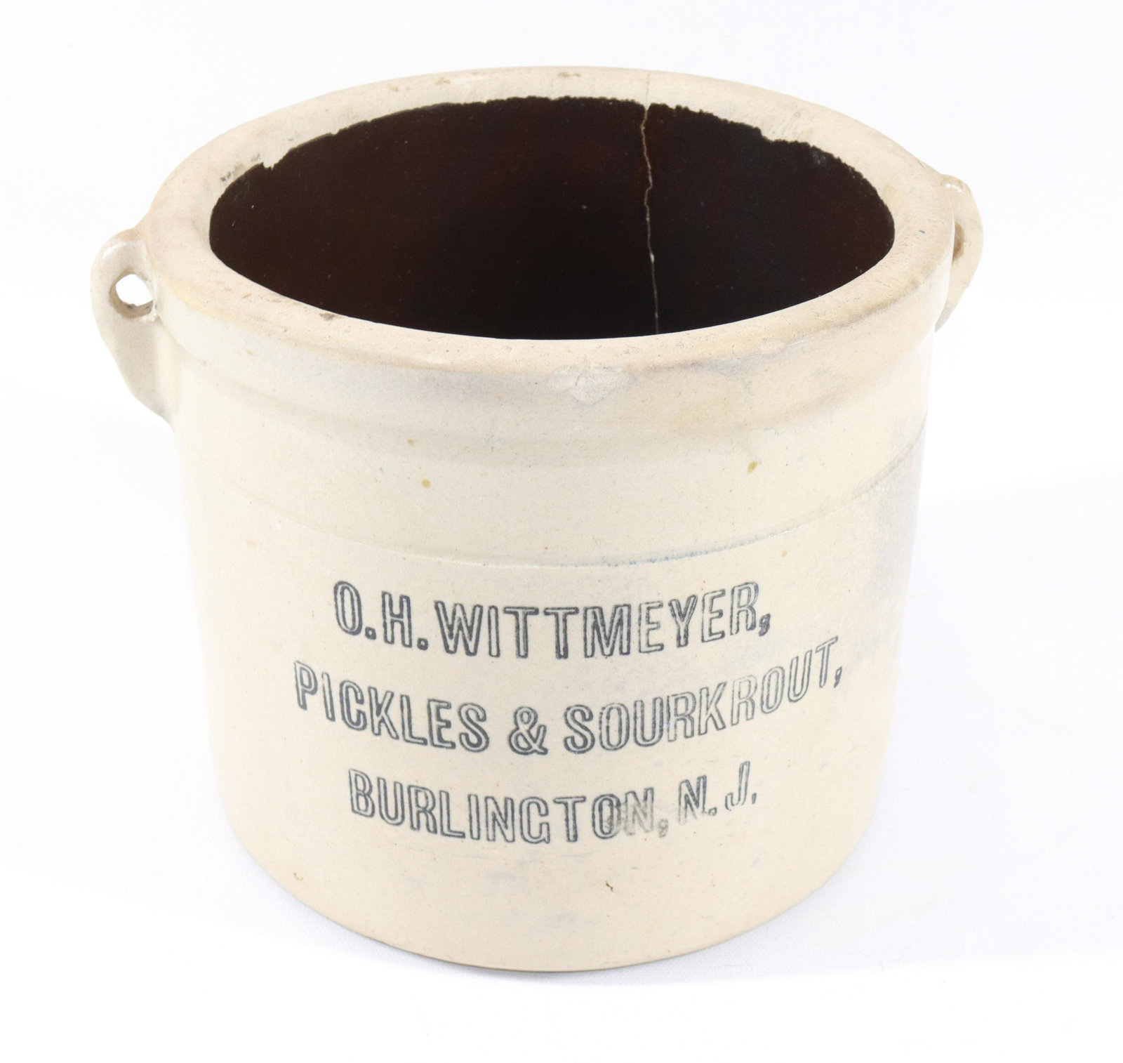 STONEWARE STENCILED ADV. CROCK: O.H. WITTMEYER, PICKLES & SAUERKRAUT - BURLINGTON, NJ SIZE: 7 1/4" X 8"