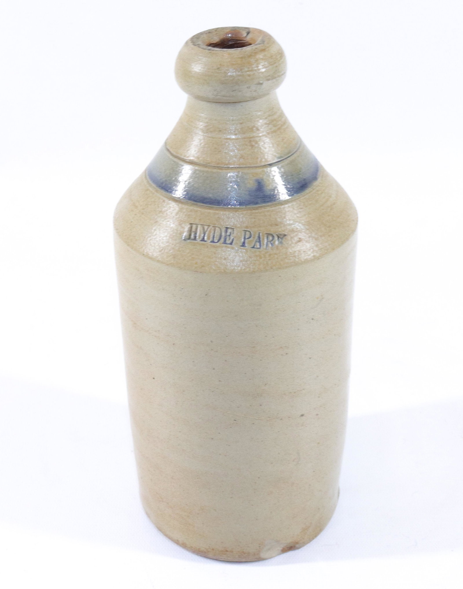 BLUE DECORATED STONEWARE BOTTLE: HIGH PARK - BLUE BANDED SIZE: 9" H