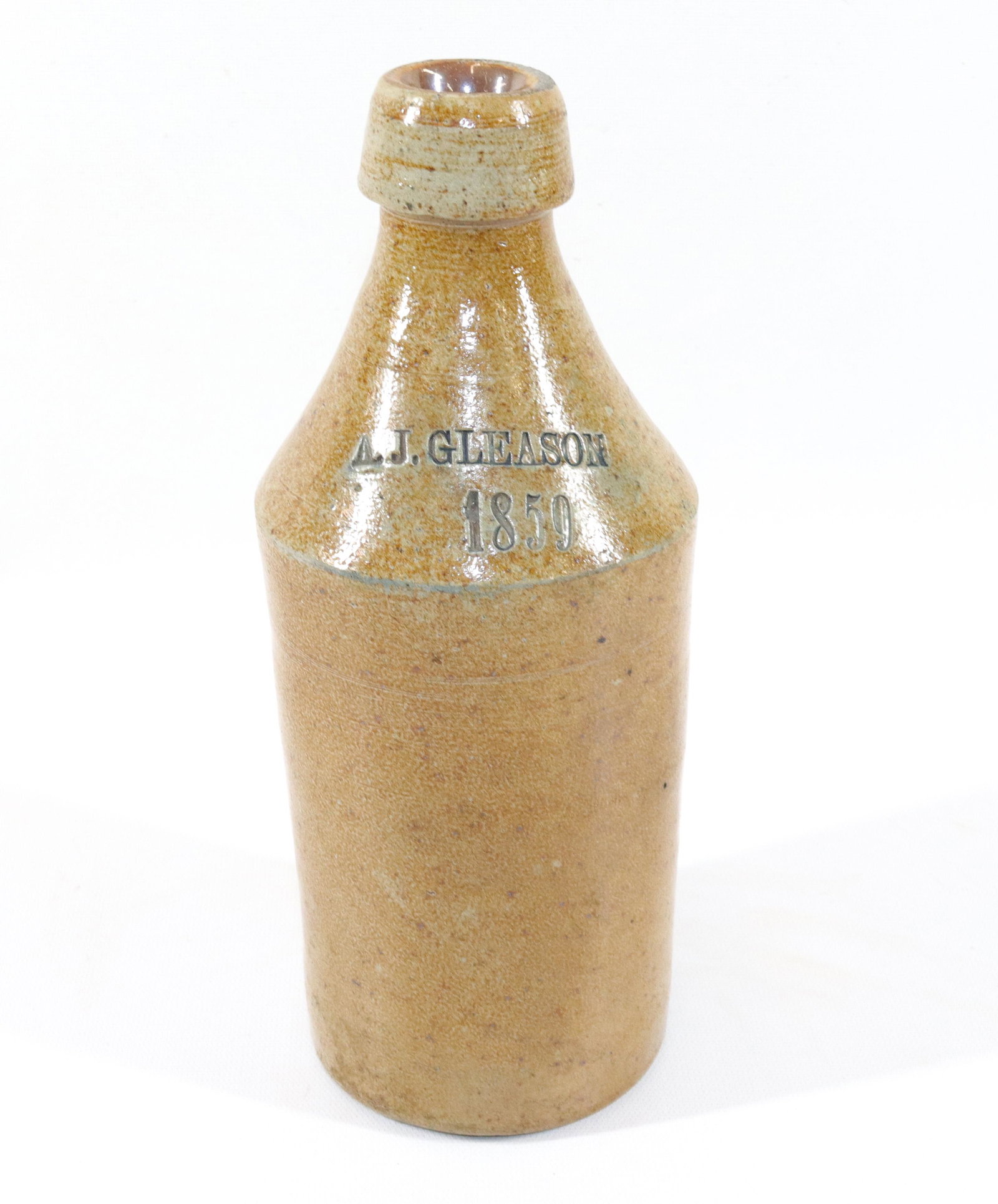 BLUE DECORATED STONEWARE BOTTLE: A.J. GLEASON 1859 SIZE: 9 3/4" H